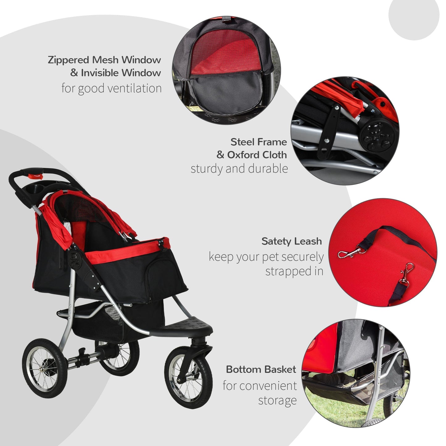 Luxury Pet Stroller Lightweight Dog Cat Travel Carriage with 3 Wheels, One-click Folding Design, Adjustable Canopy, Zippered Mesh Window Door, Red Dog Bike Trailers & Strollers   at Gallery Canada