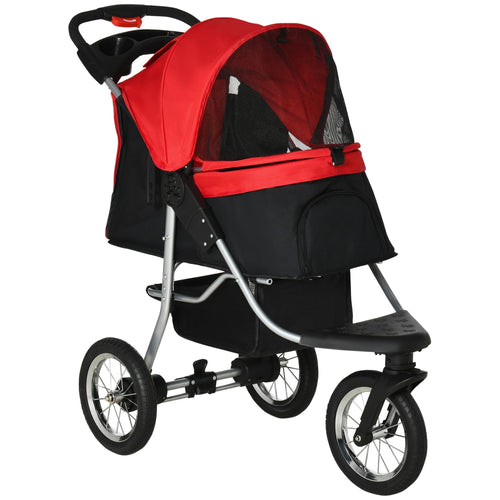 Luxury Pet Stroller Lightweight Dog Cat Travel Carriage with 3 Wheels, One-click Folding Design, Adjustable Canopy, Zippered Mesh Window Door, Red