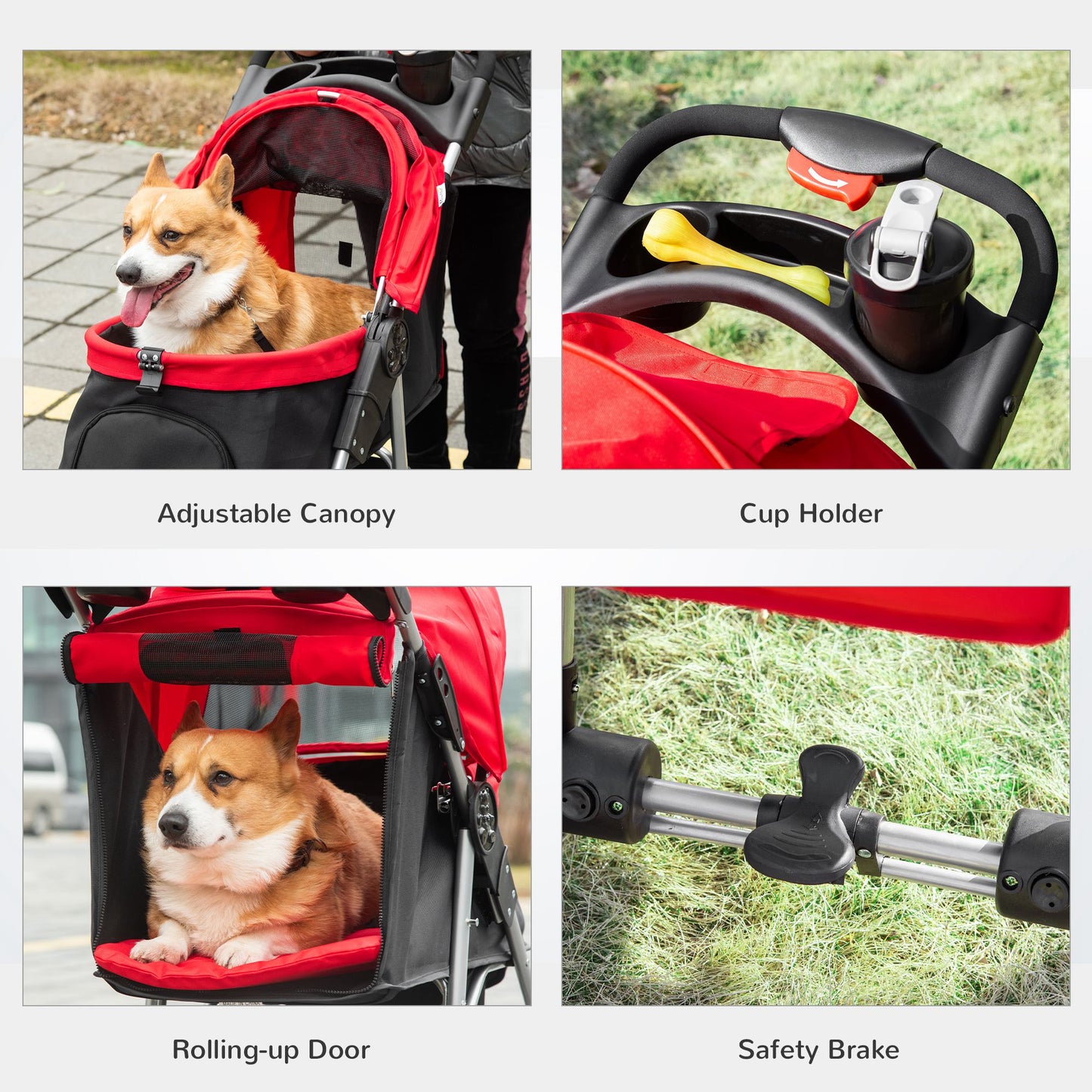 Luxury Pet Stroller Lightweight Dog Cat Travel Carriage with 3 Wheels, One-click Folding Design, Adjustable Canopy, Zippered Mesh Window Door, Red Dog Bike Trailers & Strollers   at Gallery Canada