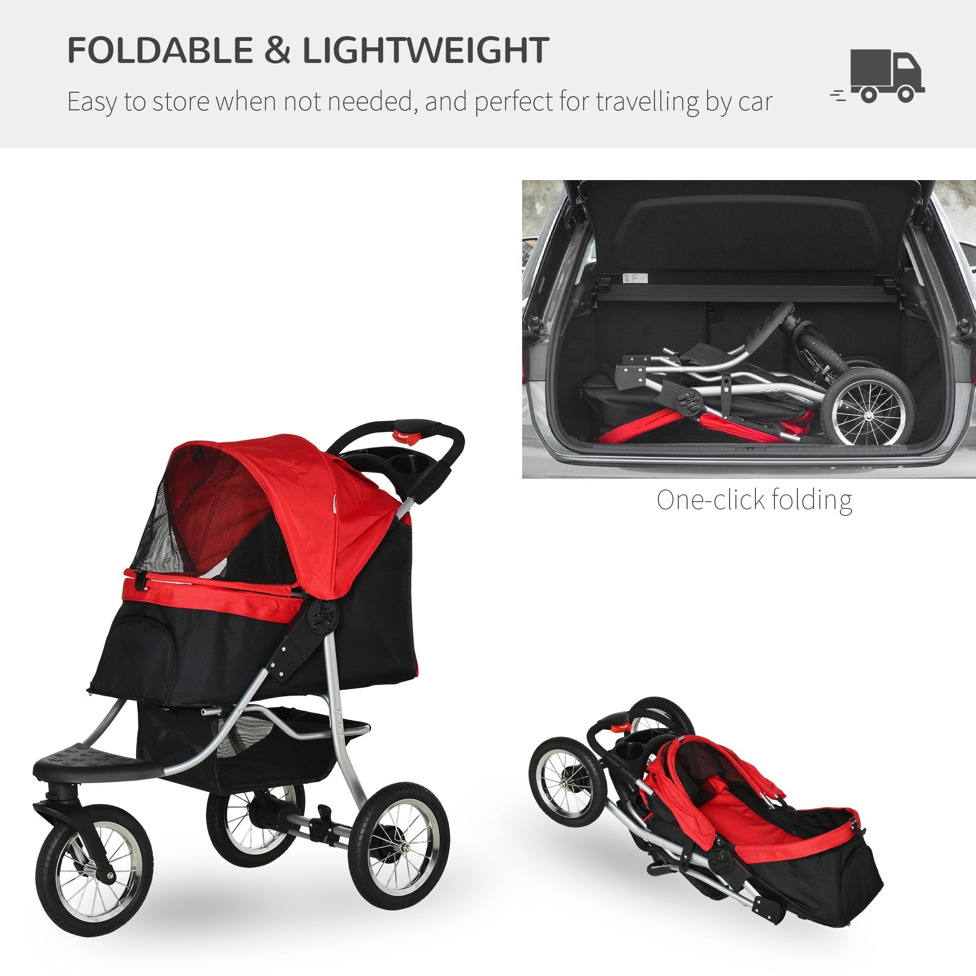 Luxury Pet Stroller Lightweight Dog Cat Travel Carriage with 3 Wheels, One-click Folding Design, Adjustable Canopy, Zippered Mesh Window Door, Red Dog Bike Trailers & Strollers   at Gallery Canada