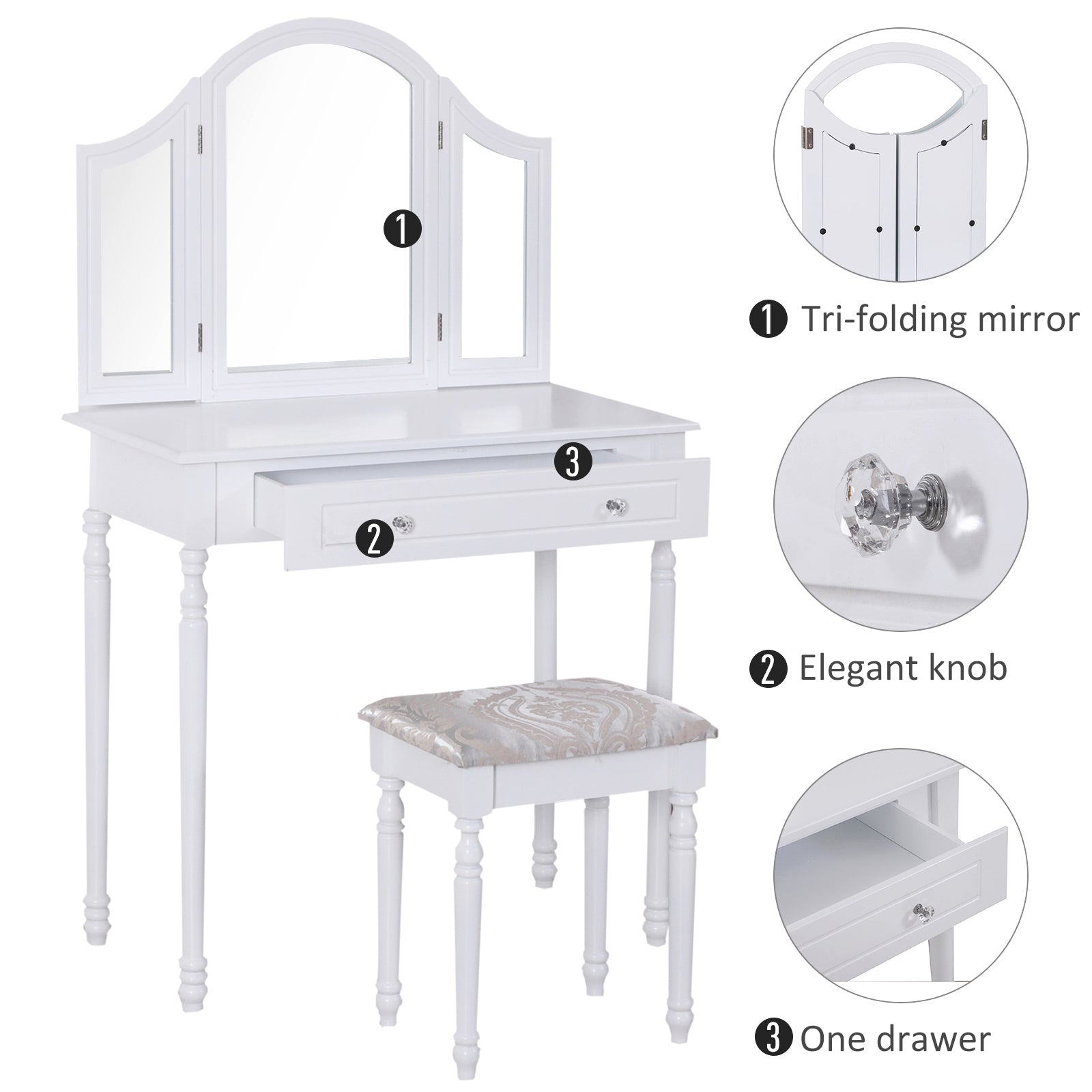 Luxury Wooden Vanity Table Set Makeup Table with Tri-Folding Mirror, Drawer and Padded Stool, White Dressing & Vanity Tables   at Gallery Canada