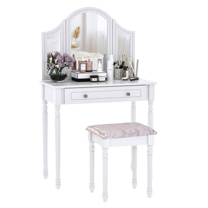 Luxury Wooden Vanity Table Set Makeup Table with Tri-Folding Mirror, Drawer and Padded Stool, White Dressing & Vanity Tables White  at Gallery Canada