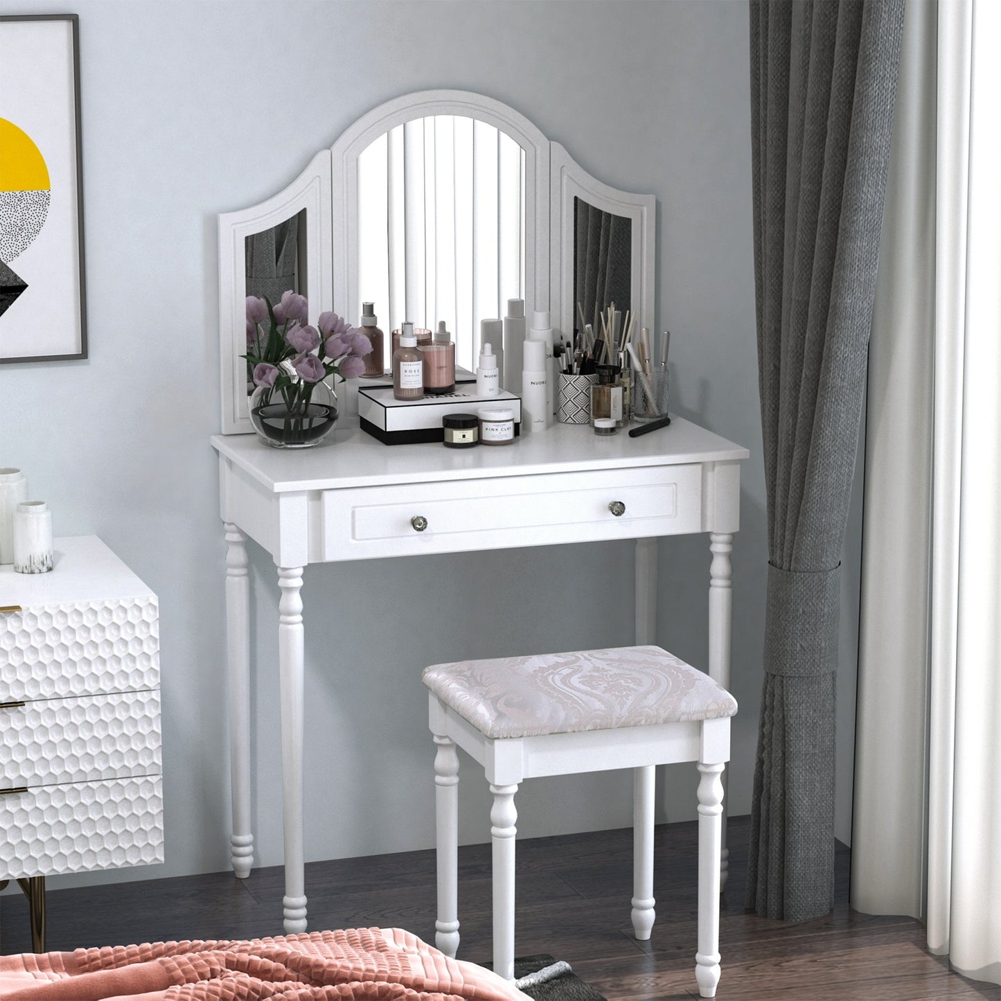 Luxury Wooden Vanity Table Set Makeup Table with Tri-Folding Mirror, Drawer and Padded Stool, White Dressing & Vanity Tables   at Gallery Canada