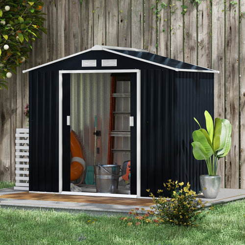 7' x 4' x 6' Garden Storage Shed Outdoor Patio Metal Tool Storage House w/ Foundation Kit and Double Doors Dark Grey