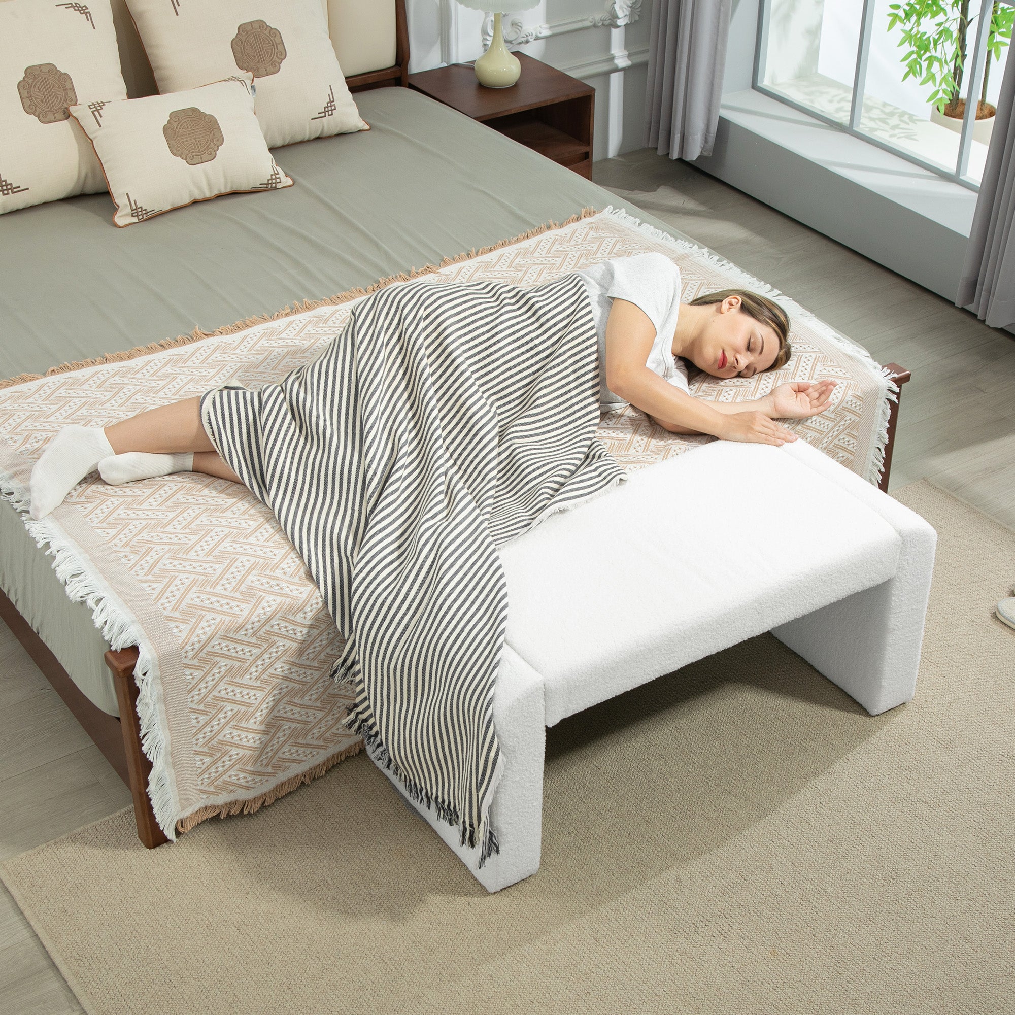 Upholstered Bedroom Bench, Boucle End of Bed Bench, Modern U-Shaped Entryway Bench, 39 x 18 x 18 Inches, White Storage Ottomans & Benches at Gallery Canada