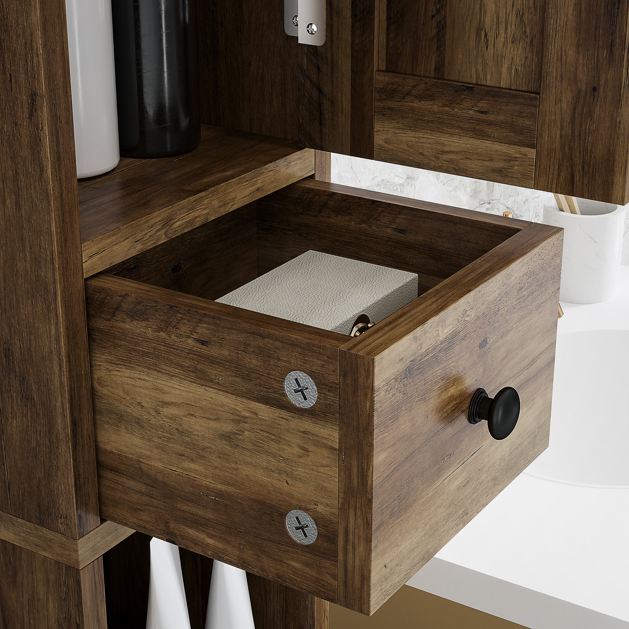 Narrow Bathroom Cabinet, Tall Bathroom Storage Cabinet with Barn Doors, Drawer and Adjustable Shelves, Brown Wood Grain Bathroom Cabinets at Gallery Canada