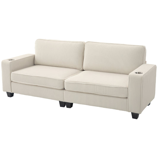 Three Seater Sofa, Fabric 3 Seater Couch with Spring Cushion and Cup Holders for Living Room, Bedroom, Cream White 3-Seater Sofas at Gallery Canada