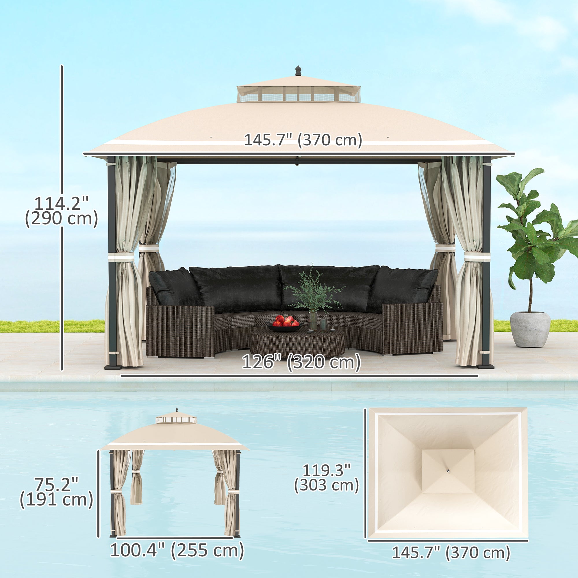 10' x 12' Outdoor Gazebo, Double Roof Patio Gazebo Canopy with Netting and Curtains for Garden, Lawn, Backyard, Deck Gazebos at Gallery Canada