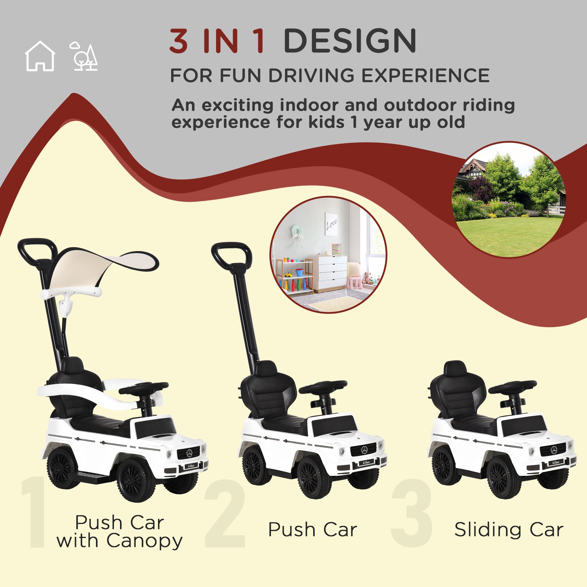 Mercedes-Benz G350 Licensed Push Car, 3-in-1 Toddler Sliding Car with Horn, Steering, Foot Rest, Seat Storage, White Push Cars for Toddlers at Gallery Canada