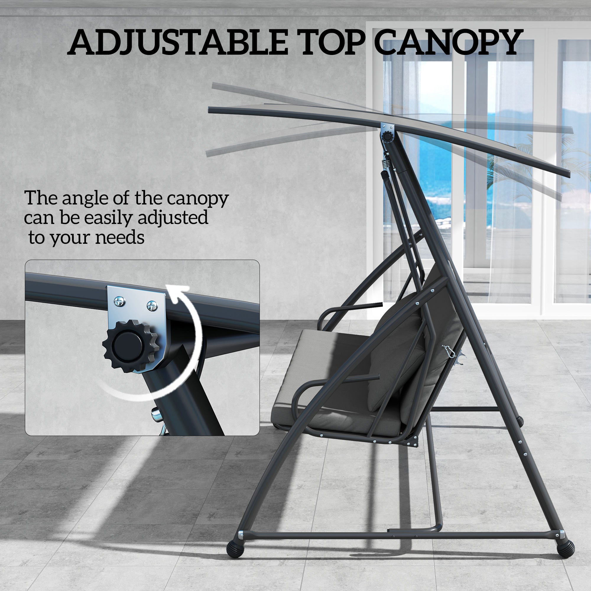 Patio Swing Chair, 3 Person Convertible Hammock, Outdoor Swing Lounge Bed, Cushioned with Tilt Canopy, Dark Grey Porch Swings with Canopy at Gallery Canada