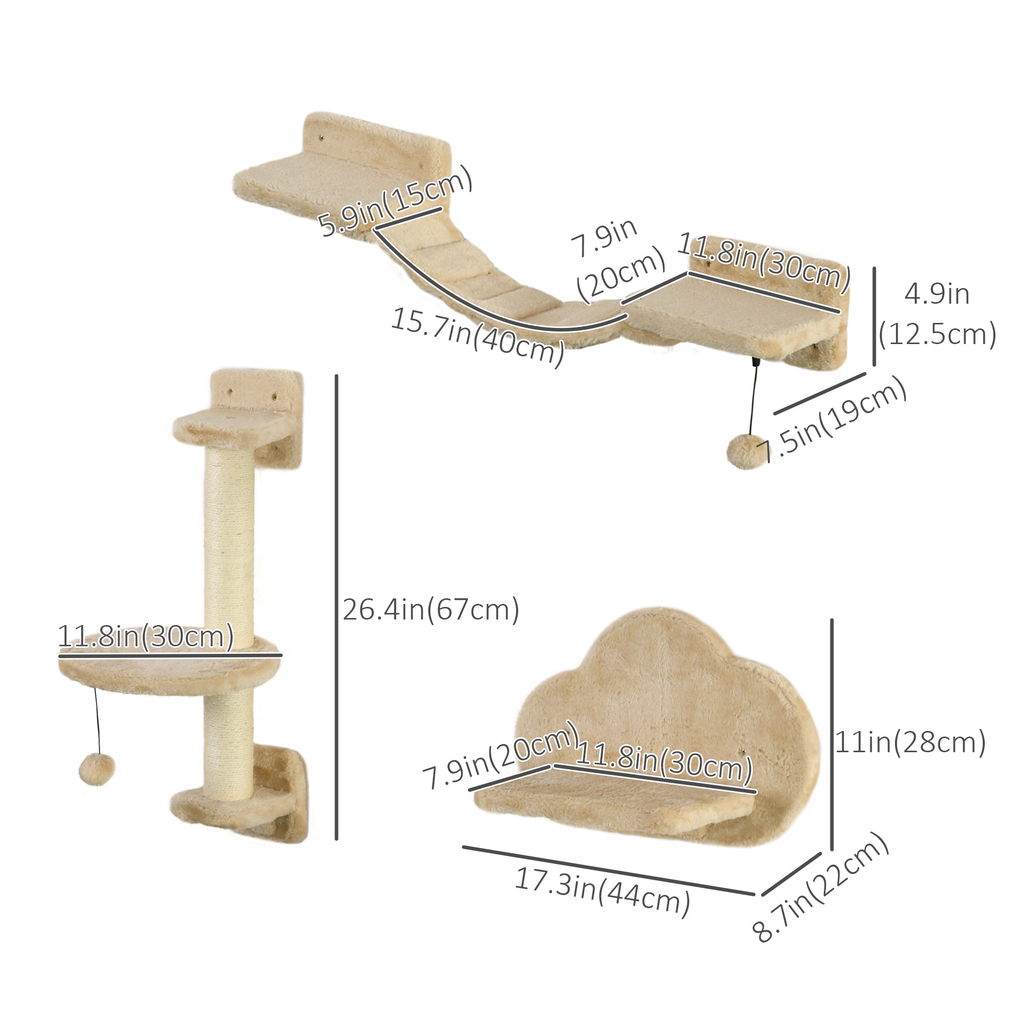 3 PCs Cat Wall Climber with Scratching Post, Ladder, Perches, Cloud-Shaped Cat Shelves, Beige Cat Climbing Wall at Gallery Canada