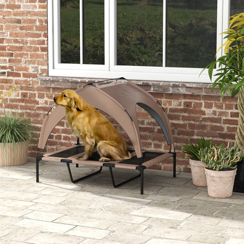 Raised Dog Bed Cooling Dog Cot w/ Canopy Washable Breathable Mesh, for Large Dogs, Coffee