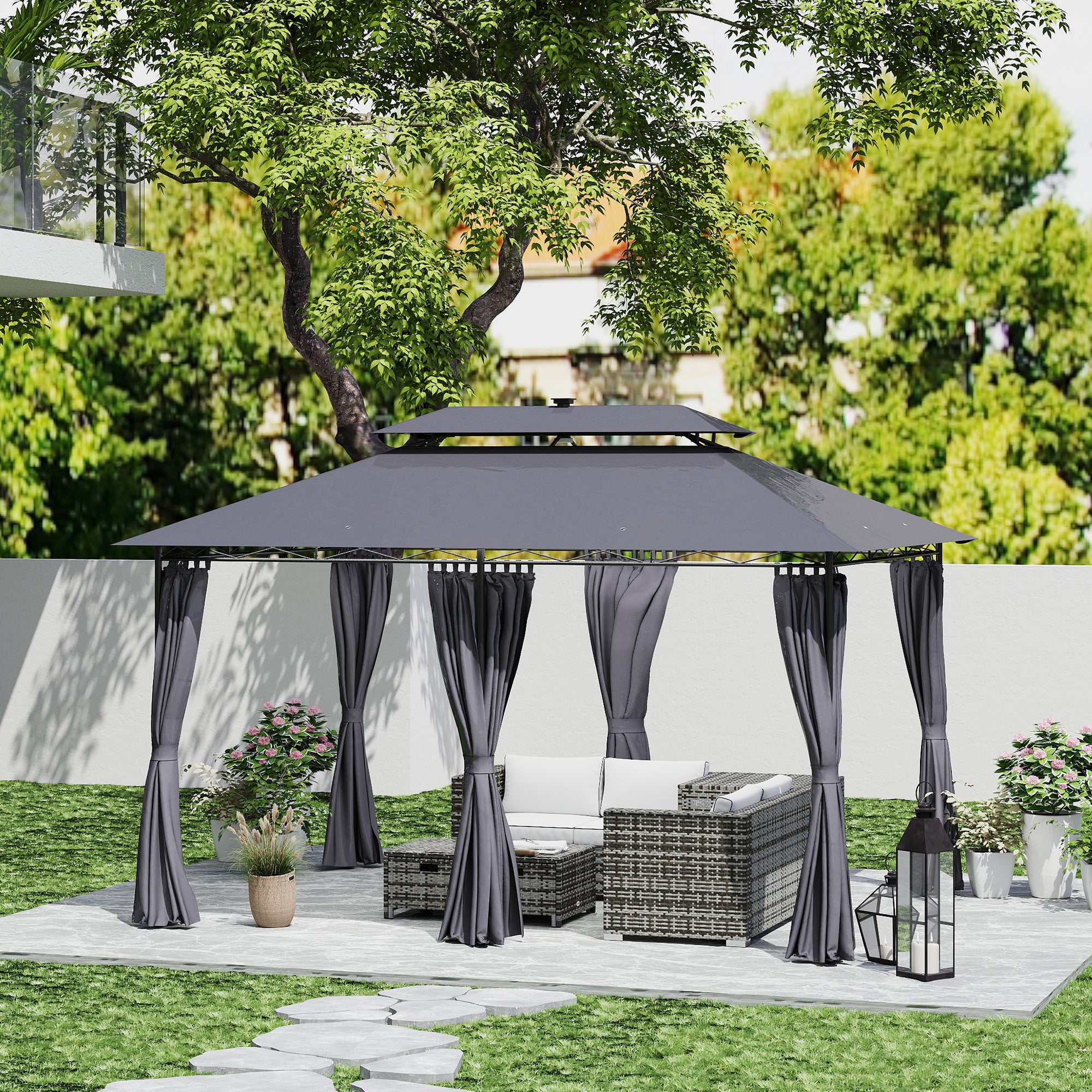 10' x 13' Outdoor Gazebo with Curtains and Solar-Powered LED Lights, Double Roof Patio Gazebo Canopy Shelter Gazebos Dark Grey at Gallery Canada