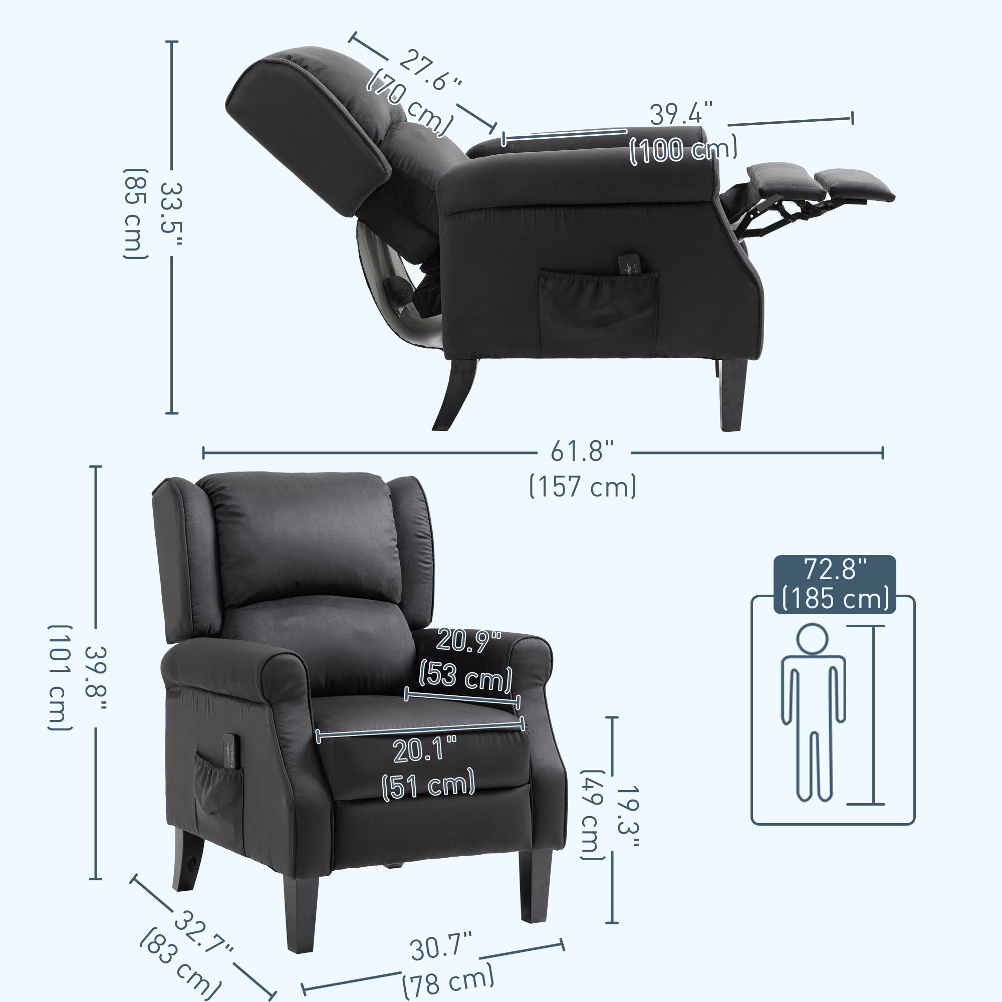 Massage Recliner Chair for Living Room, Push Back Recliner Sofa, Wingback Reclining Chair with Extendable Footrest, Remote Control, Side Pockets, Black Single Sofas at Gallery Canada