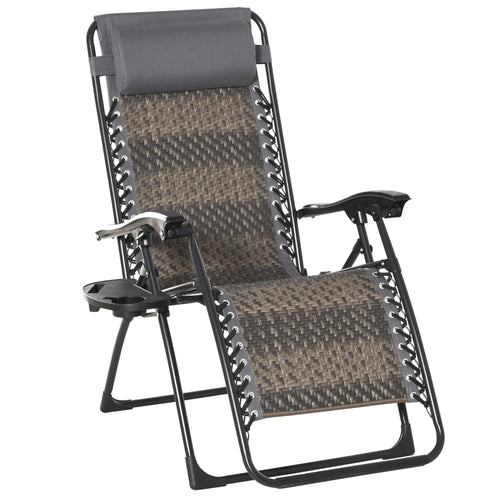 Zero Gravity Chair Wicker Lounger Adjustable Recliner Outdoor Folding Chair with Headrest, Side Table Tray for Patio, Garden, Balcony, Deck, Grey