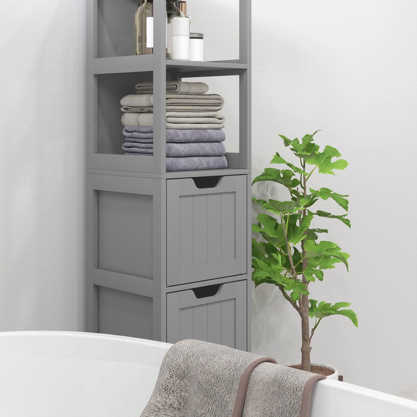 Narrow Bathroom Cabinet with 3 Drawers and 2 Tier Shelf, Tall Cupboard Freestanding Linen Tower, Grey Bathroom Cabinets   at Gallery Canada