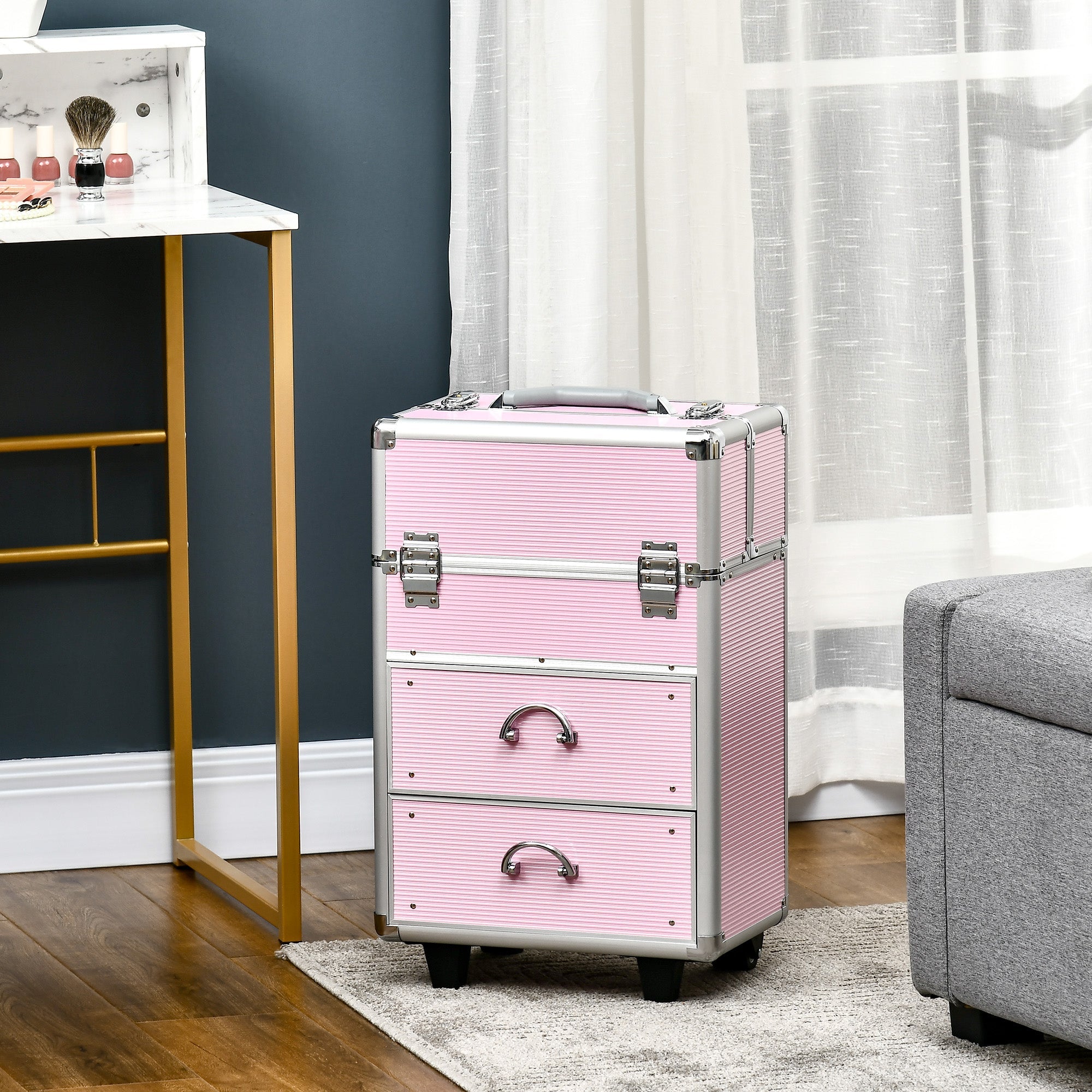 Rolling Makeup Train Case, Large Storage Cosmetic Trolley, Lockable Traveling Cart Trunk with Folding Trays, Swivel Wheels Makeup Cases   at Gallery Canada