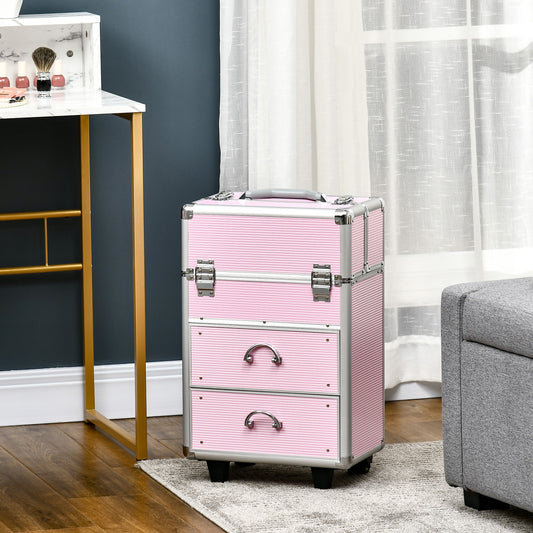 Rolling Makeup Train Case, Large Storage Cosmetic Trolley, Lockable Traveling Cart Trunk with Folding Trays, Swivel Wheels Makeup Cases Pink  at Gallery Canada