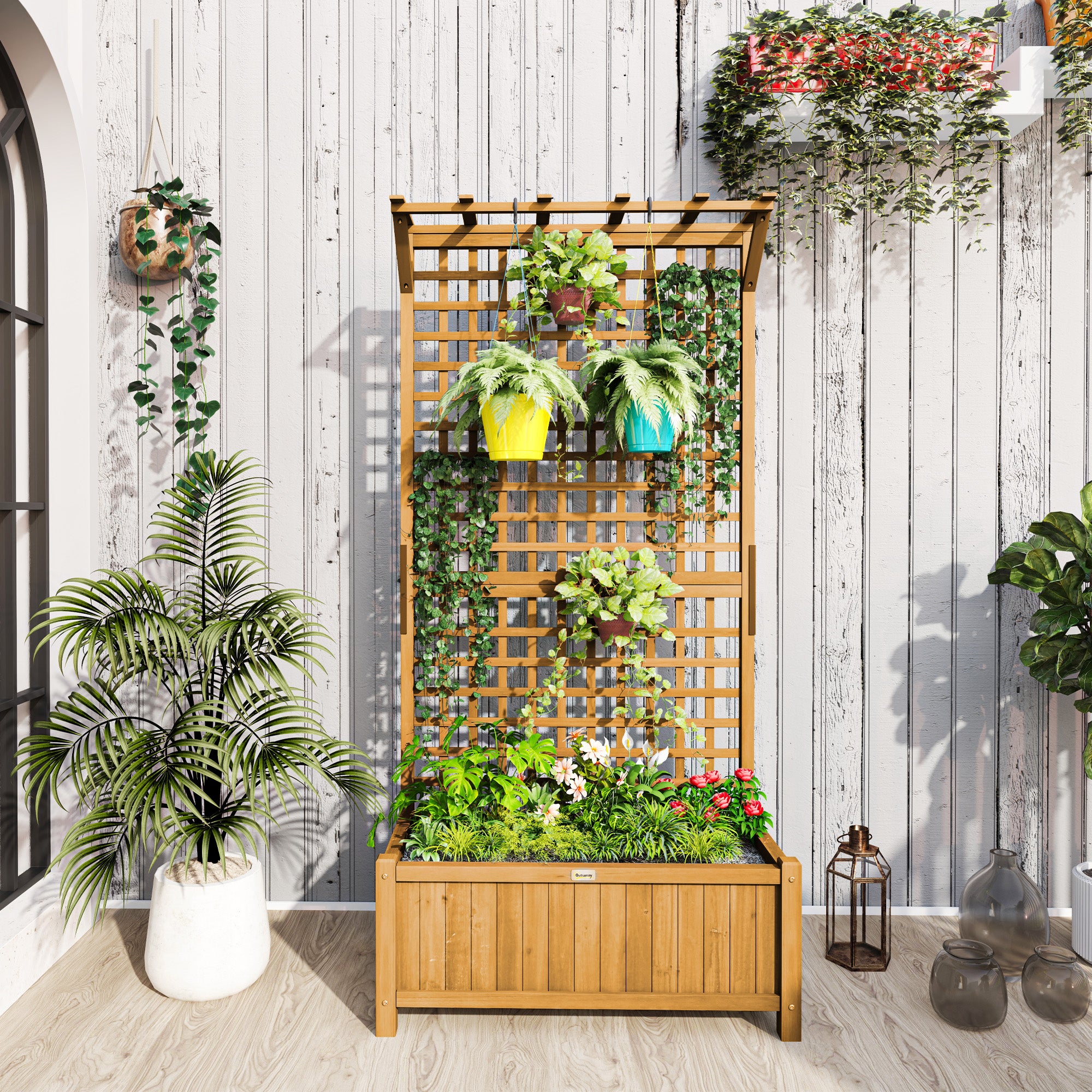 Wood Planter with Trellis for Vine Climbing, Raised Garden Bed, Privacy Screen for Backyard, Patio, Deck, Yellow Wooden Planter Boxes at Gallery Canada