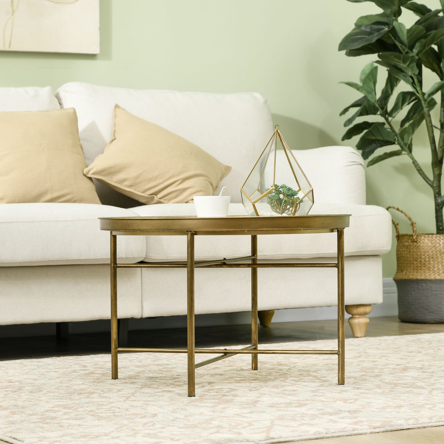 Vintage Coffee Table for Living Room, 24" Round Center Table with Hammered Tray Top and Metal Frame, Gold Coffee Tables   at Gallery Canada