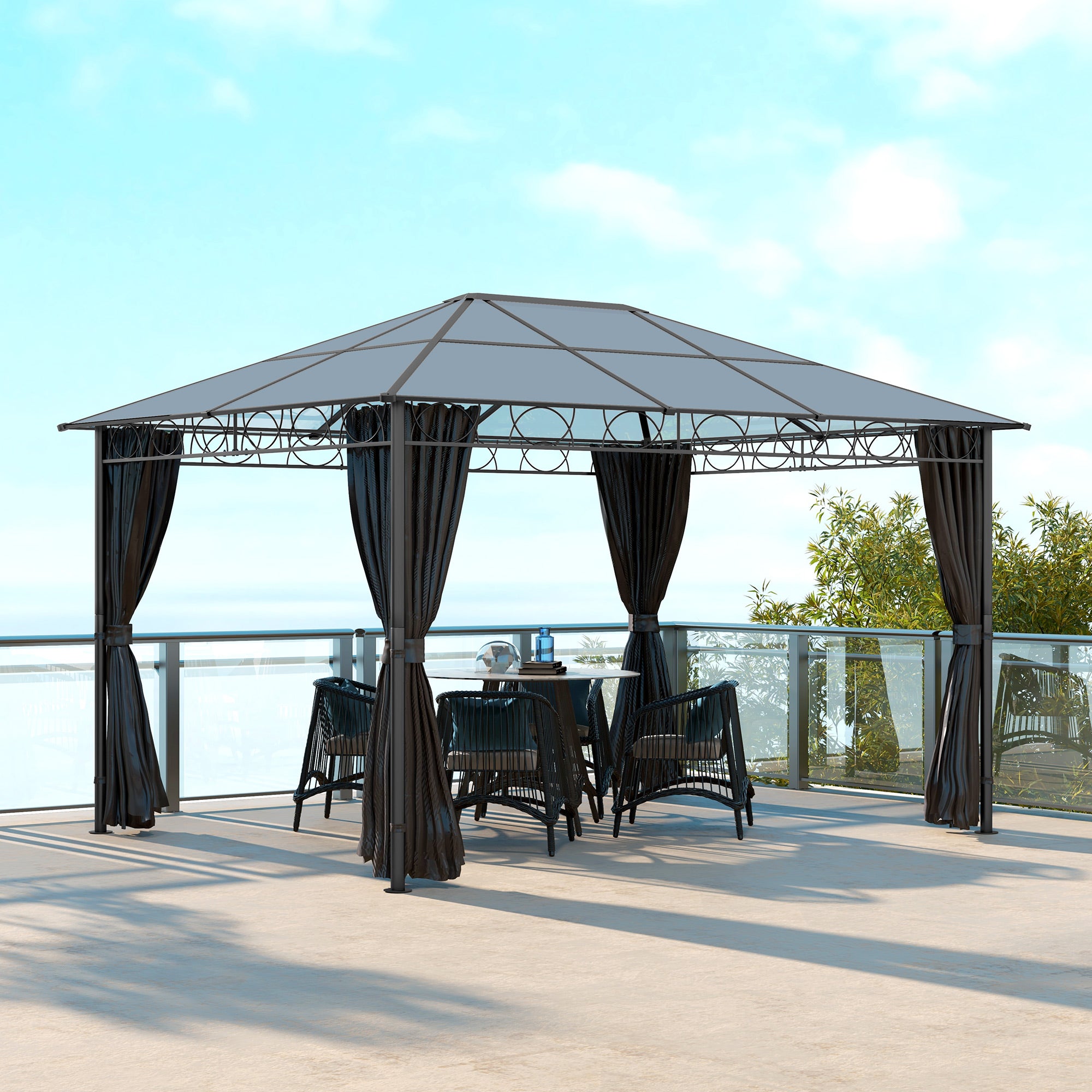 13' x 10' Polycarbonate Hardtop Gazebo Canopy, Outdoor Patio Gazebo with Aluminum Frame &; Curtains, Dark Grey Gazebos at Gallery Canada