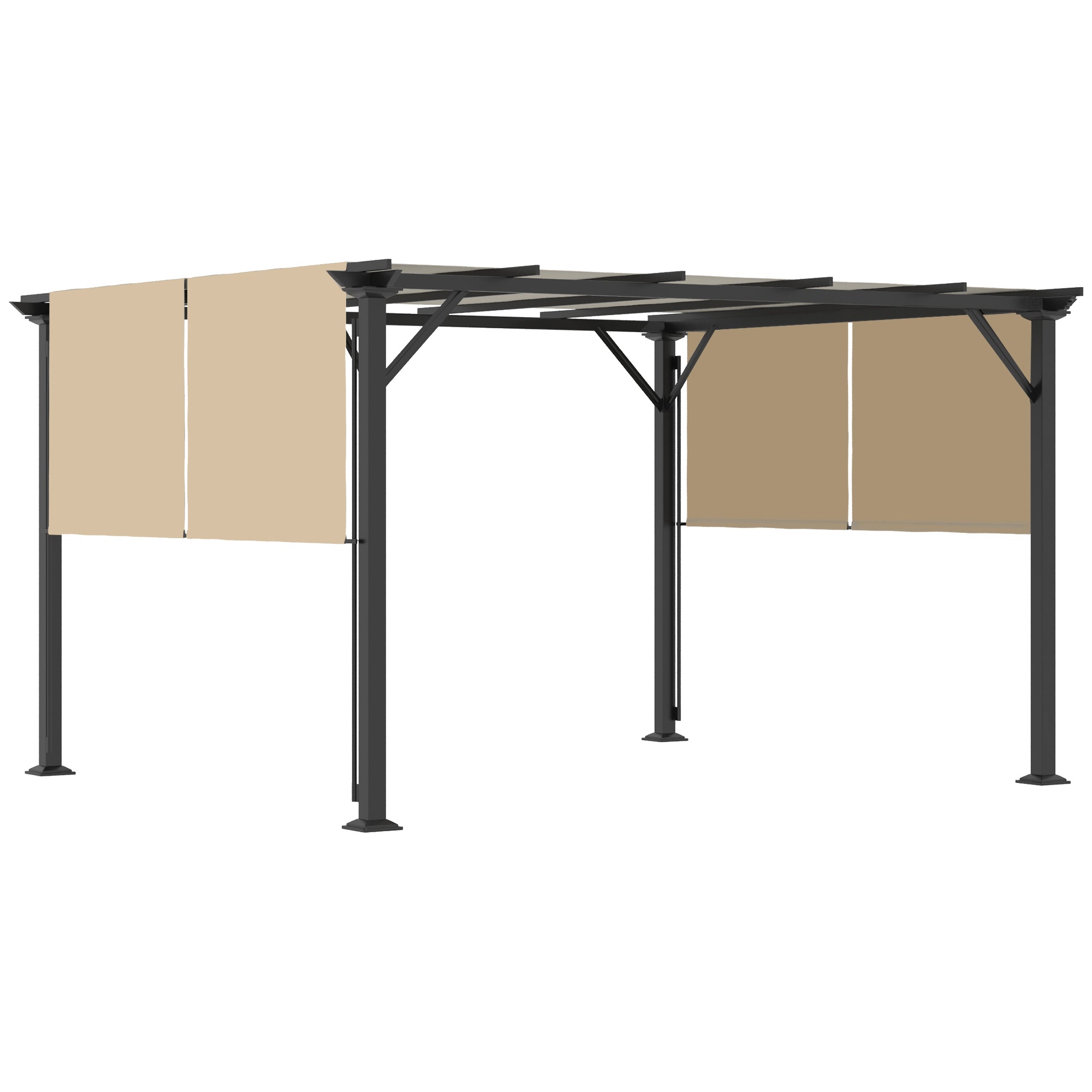 12' x 10' Outdoor Patio Gazebo Pergola with Retractable Canopy Roof, Steel Frame with Stakes, Unique Design, Beige Pergolas Beige, Black at Gallery Canada