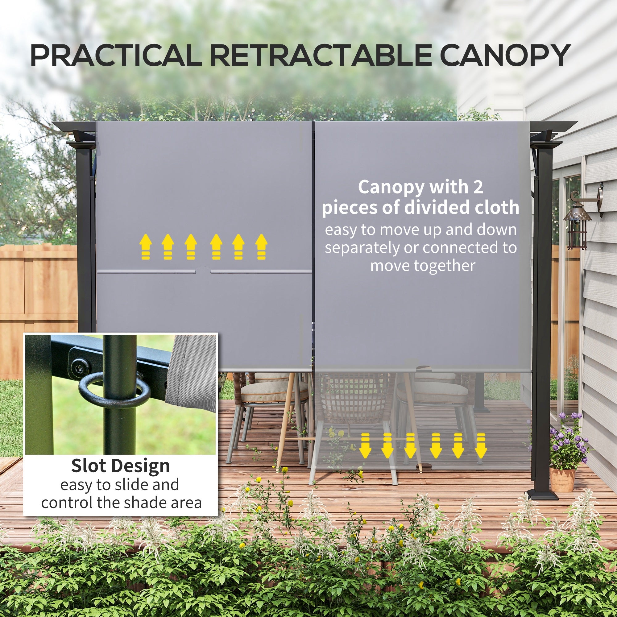 12' x 10' Outdoor Patio Gazebo Pergola with Retractable Canopy Roof, Steel Frame with Stakes, Grey Pergolas at Gallery Canada