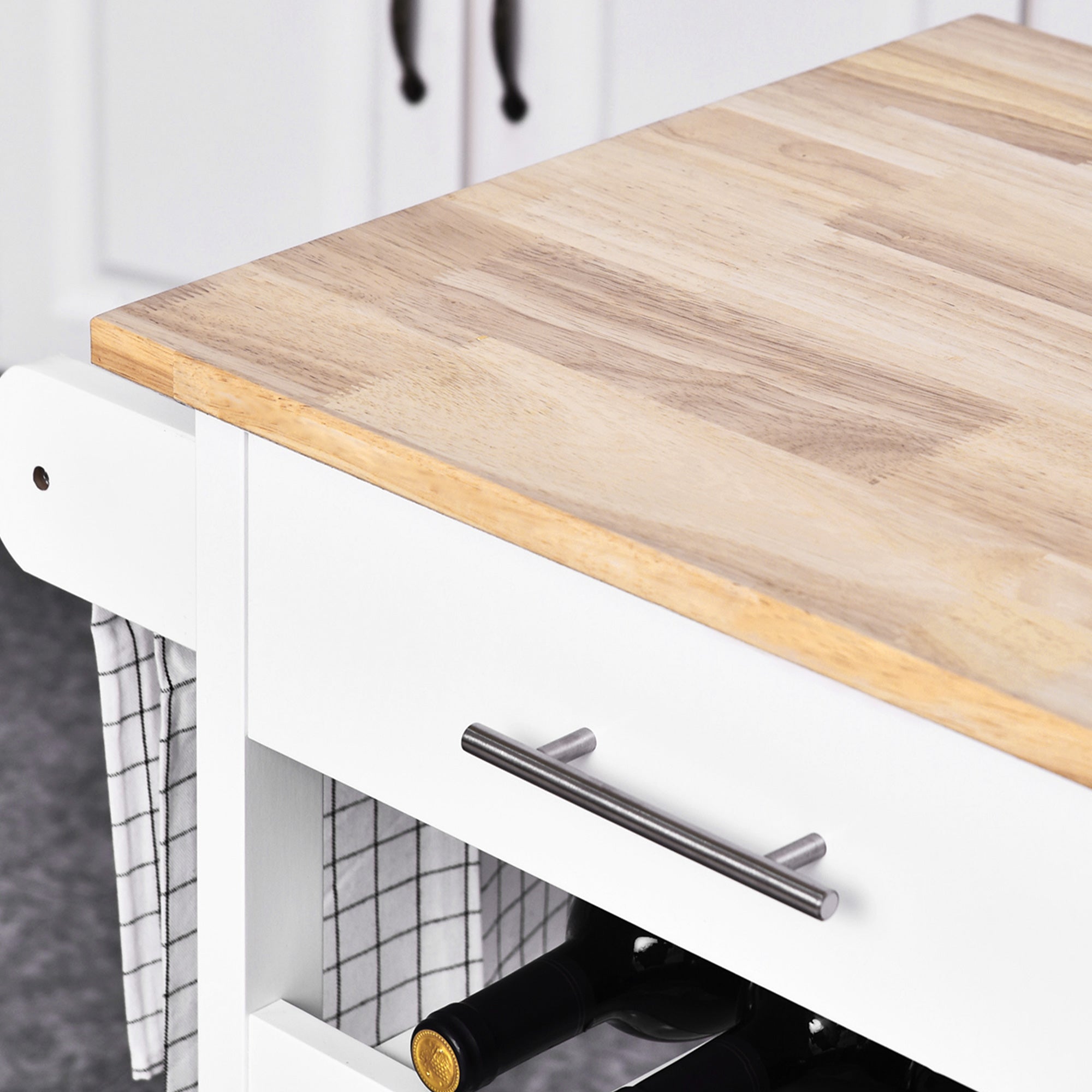 4-Tier Rolling Kitchen Island Utility Trolley Serving Cart Kitchen Storage Cart w/ Towel Rack, Butcher Block Countertop, Cabinet, Drawer, Shelves, White Kitchen Islands & Kitchen Carts at Gallery Canada