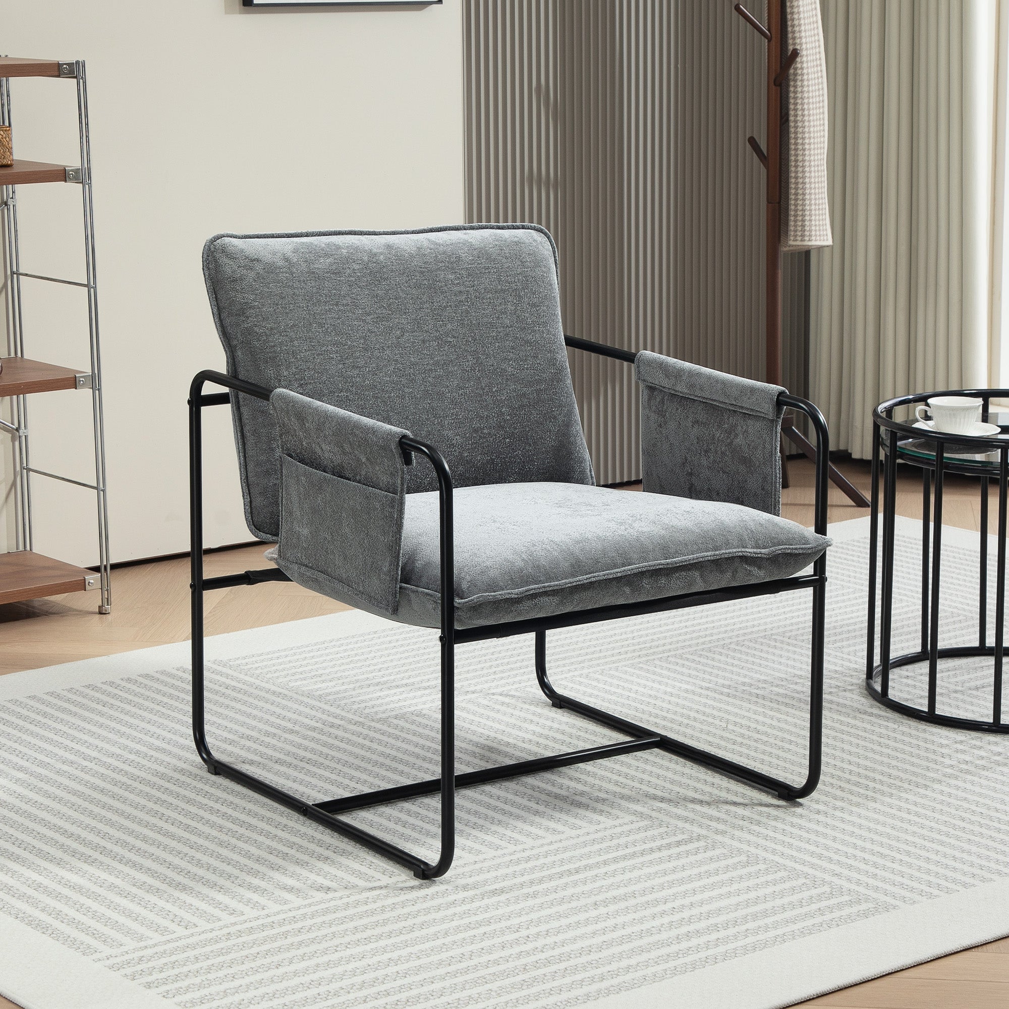 Modern Accent Chair, Upholstered Armchair with Side Pockets and Steel Frame, Comfy Reading Chair for Bedroom, Grey Accent Chairs at Gallery Canada