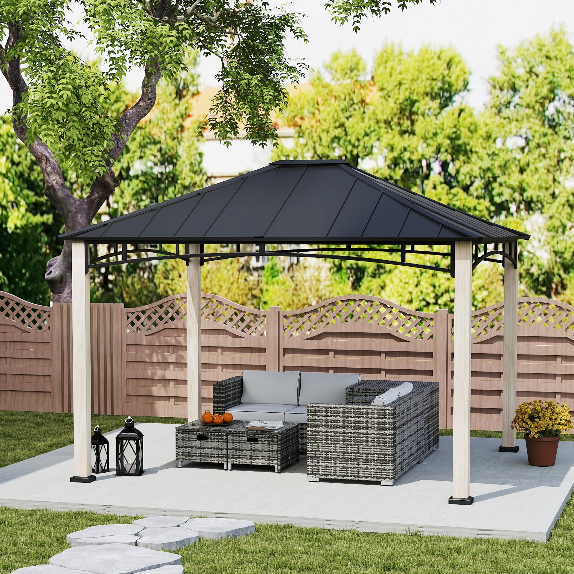 10' x 12' Hardtop Gazebo with Metal Roof, Wood Grain Frame Outdoor Gazebo Canopy for Patio, Garden, Backyard, Lawn Gazebos at Gallery Canada