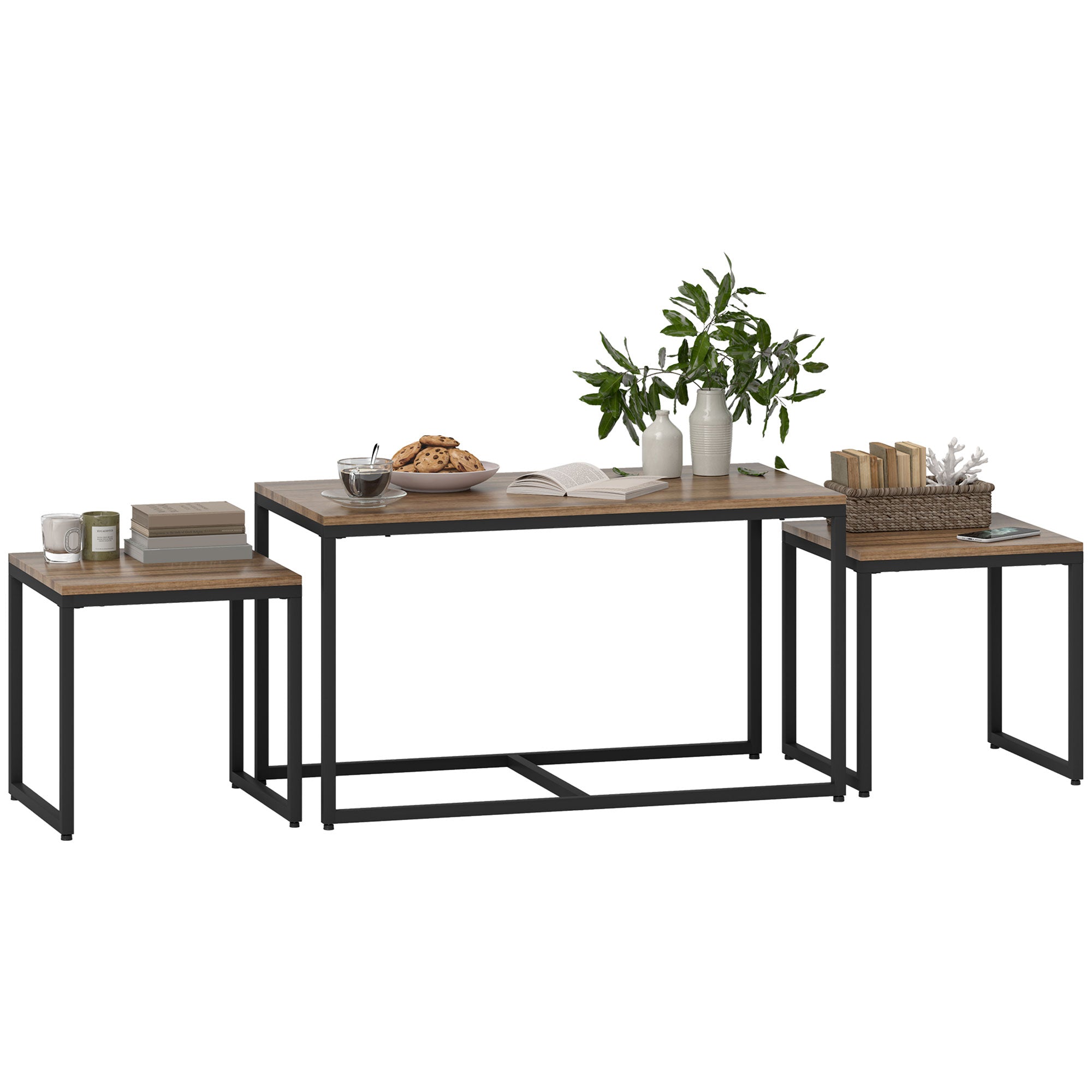 Nesting Coffee Table Set of 3, Modern End Tables with Black Metal Frame for Living Room Home Furniture, Brown Coffee Tables at Gallery Canada