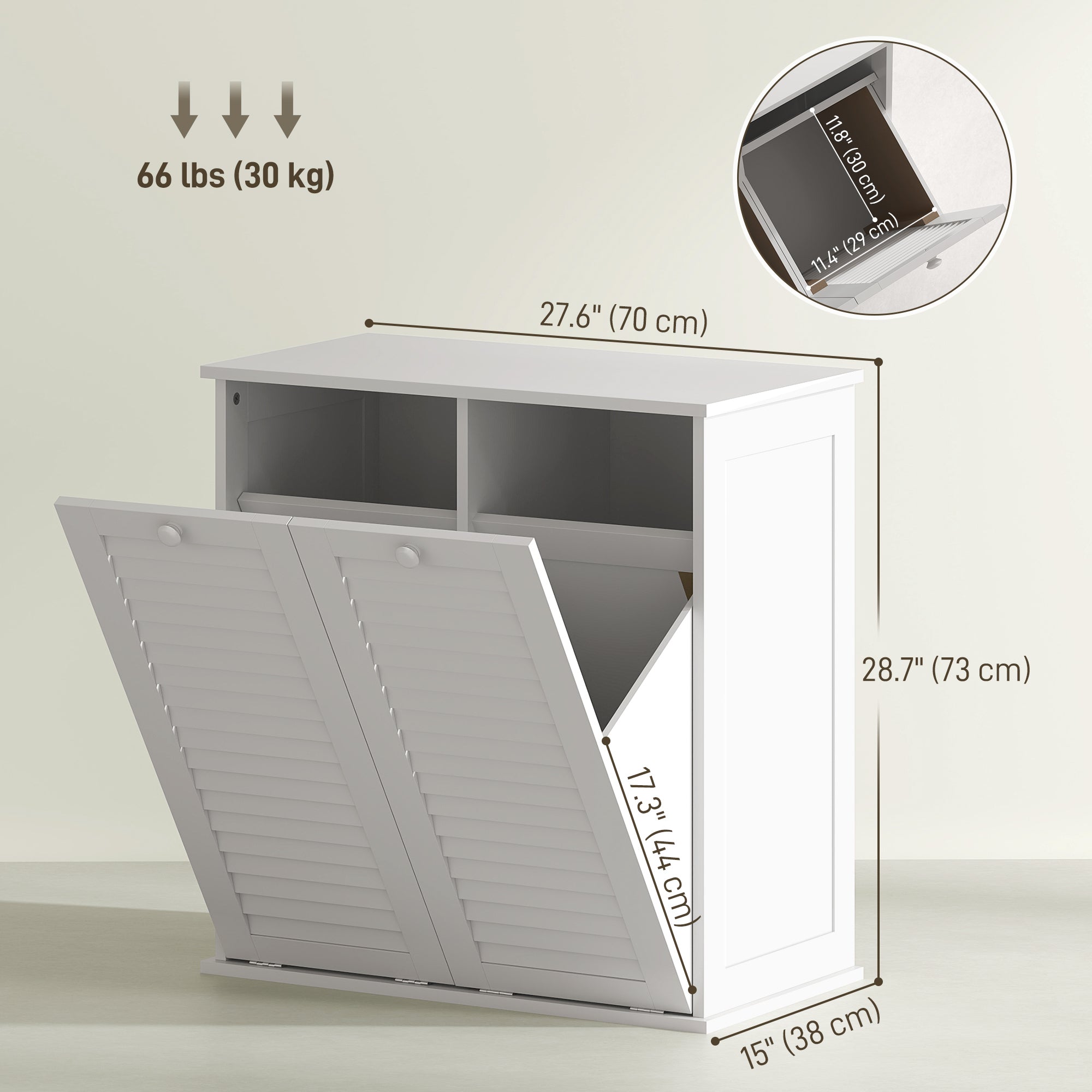 Tilt Out Laundry Cabinet, Laundry Basket Cabinet with 2 Baskets and 2 Louvered Doors, White Bathroom Cabinets at Gallery Canada