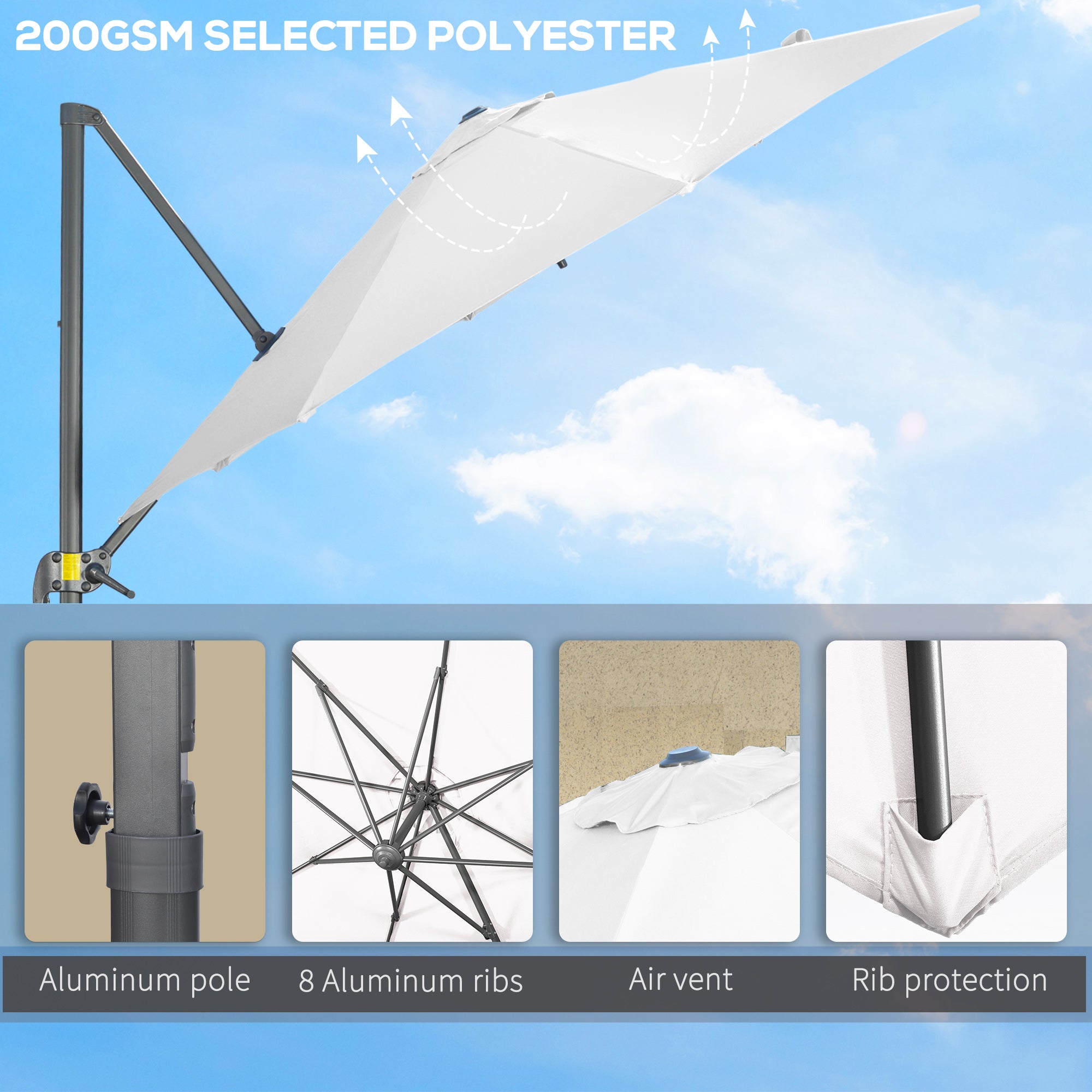 9.6' Cantilever Patio Umbrella Outdoor Hanging Offset Umbrella with Cross Base 360° Rotation Aluminum Poles White Cantilever Umbrellas   at Gallery Canada