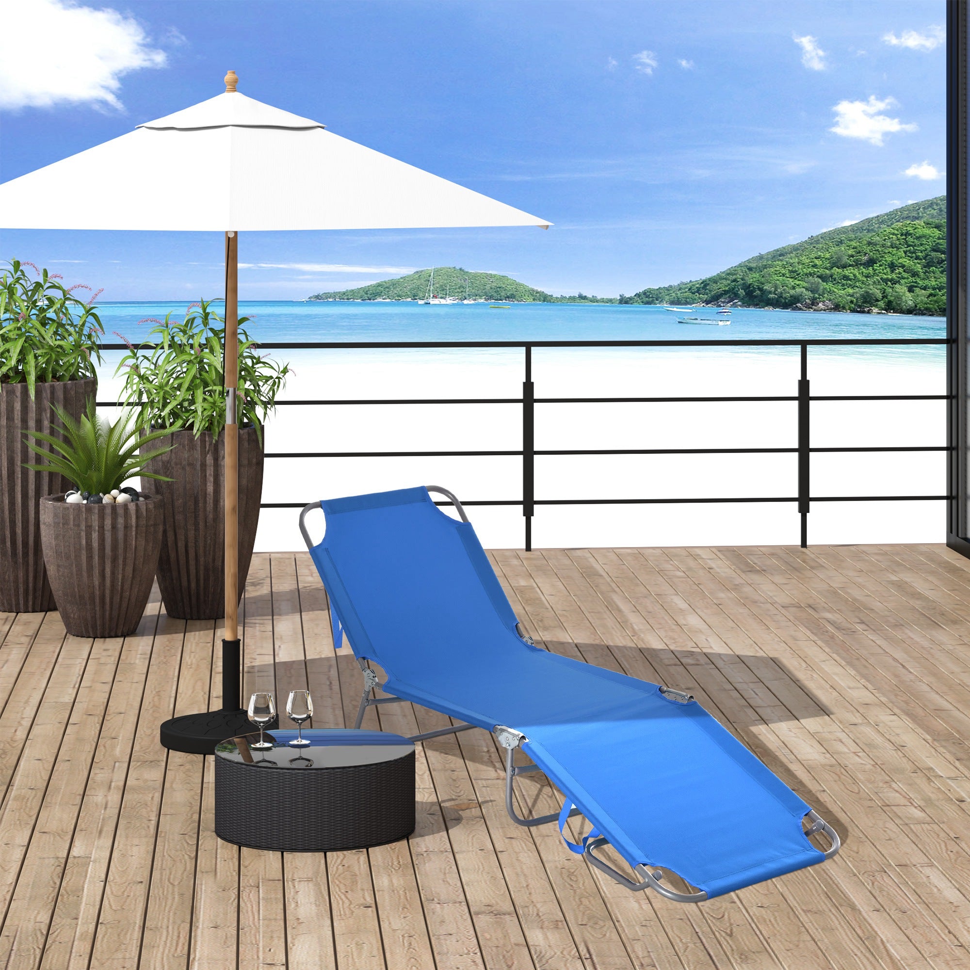 Folding Outdoor Lounge Chair, Portable Reclining Beach Lounger with Breathable Mesh Fabric, Sun Lounge Bed Camping Cot for Patio, Garden, Poolside, Blue Lounger Chairs at Gallery Canada