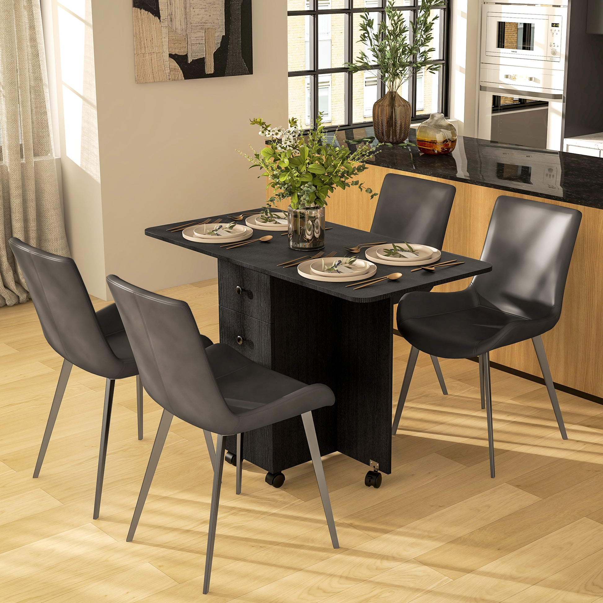 Drop Leaf Dining Table, Mobile Folding Table on Wheels with Drawers and Cabinet for Dining Room, Kitchen, Black Bar Tables & Dining Tables Black  at Gallery Canada