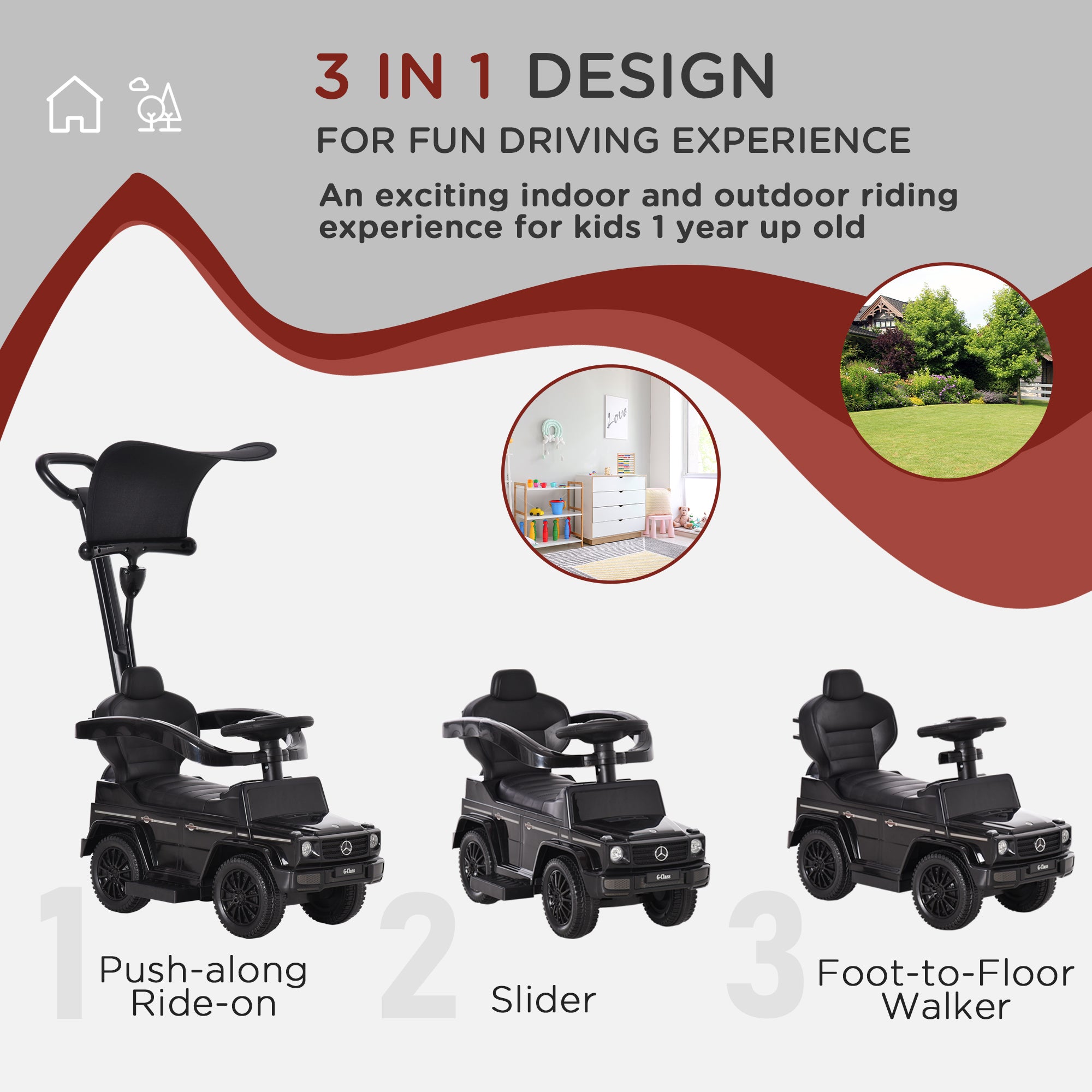Mercedes-Benz G350 Licensed Push Car, 3-in-1 Toddler Sliding Car with Horn, Steering, Foot Rest, Seat Storage, Black Push Cars for Toddlers at Gallery Canada