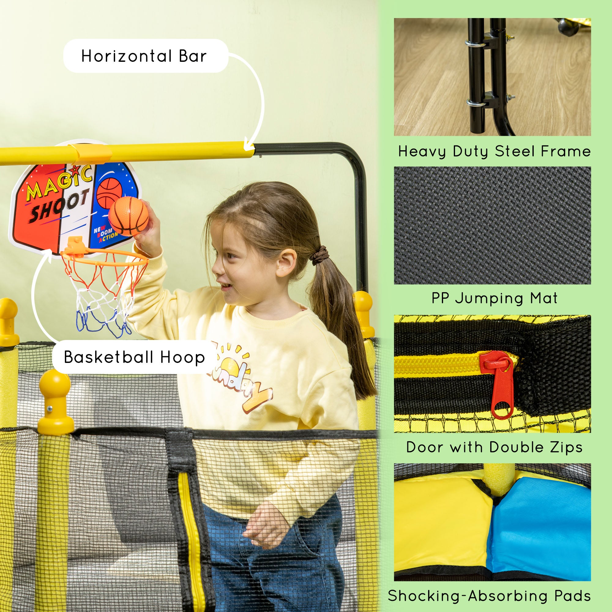 4.6ft Kids Trampoline with Basketball Hoop, Horizontal Bar with Net for Children Ages 3-10, Yellow Trampolines at Gallery Canada
