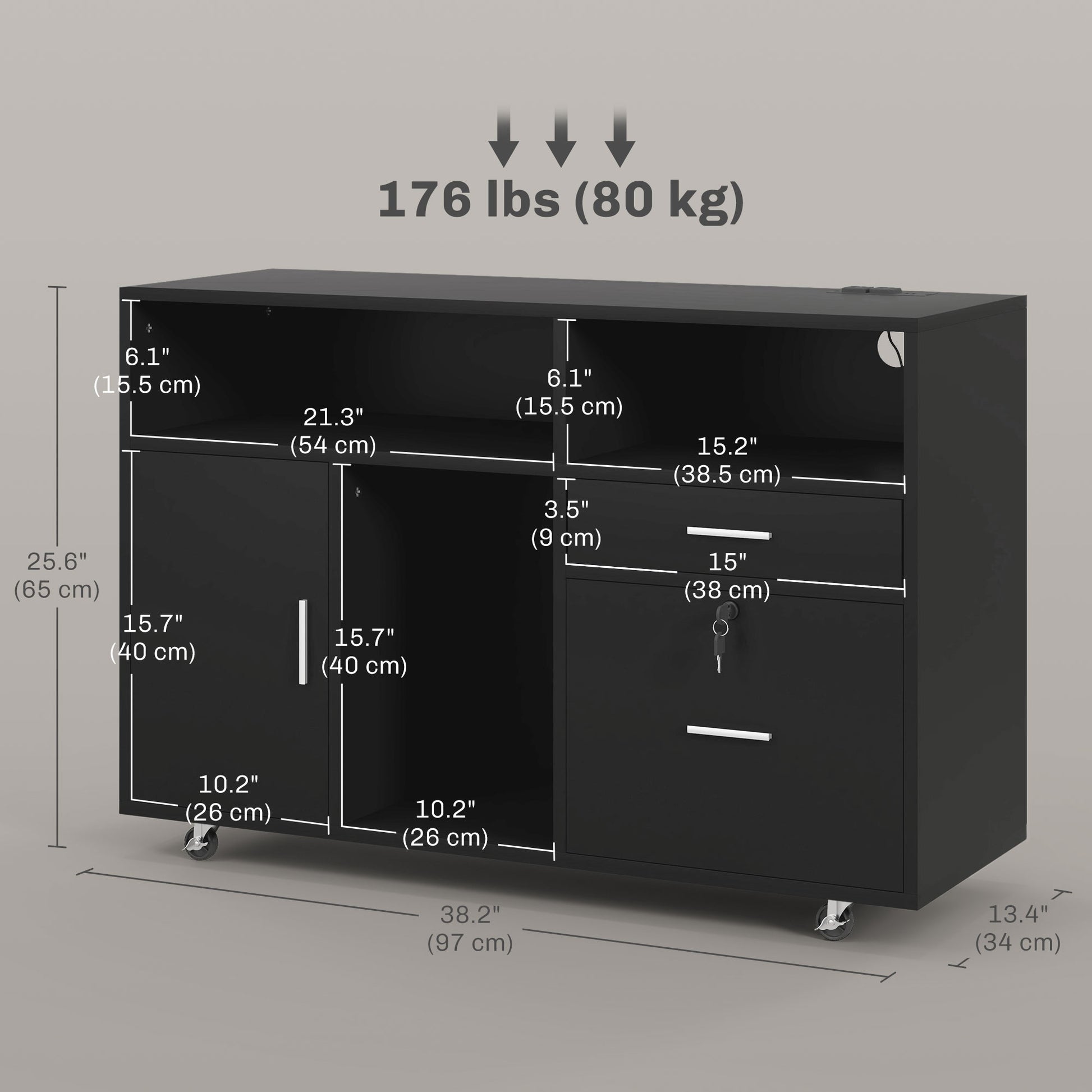 Mobile Printer Stand with Charging Station and USB Ports, Locking Filing Cabinet for A4 and Letter Size, Black Office Cabinets & Cupboards at Gallery Canada