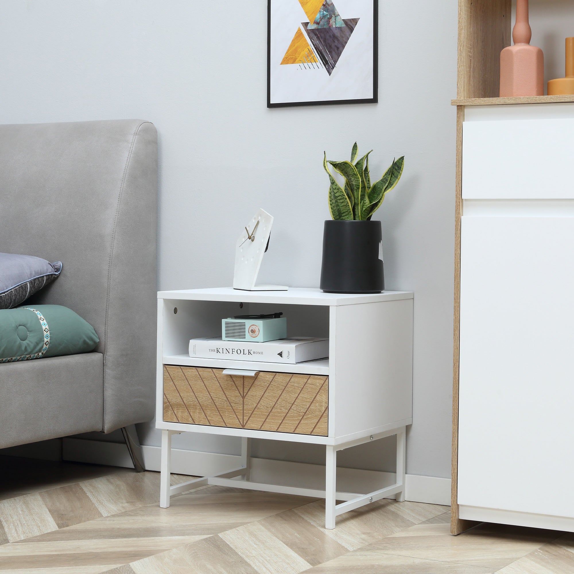 Modern Bedside Table with Drawer, Nightstand with Storage Shelf, Sofa End Table for Bedroom, White and Oak Bedside Tables at Gallery Canada