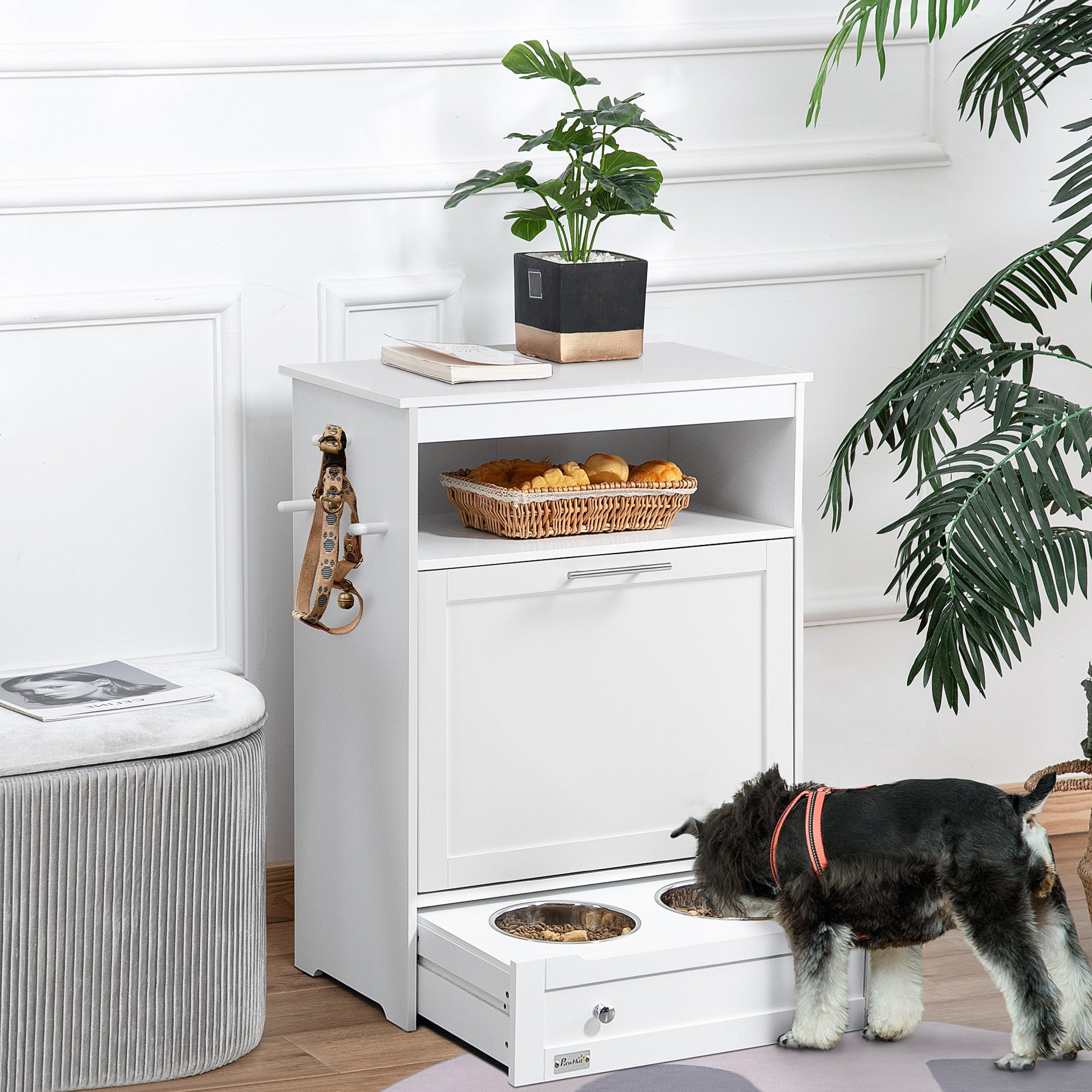 Pet Feeder Station Storage Cabinet, Dog Food Storage Container with Dog Raised Bowls, Watering Supplies, Gray Dog Bowls   at Gallery Canada