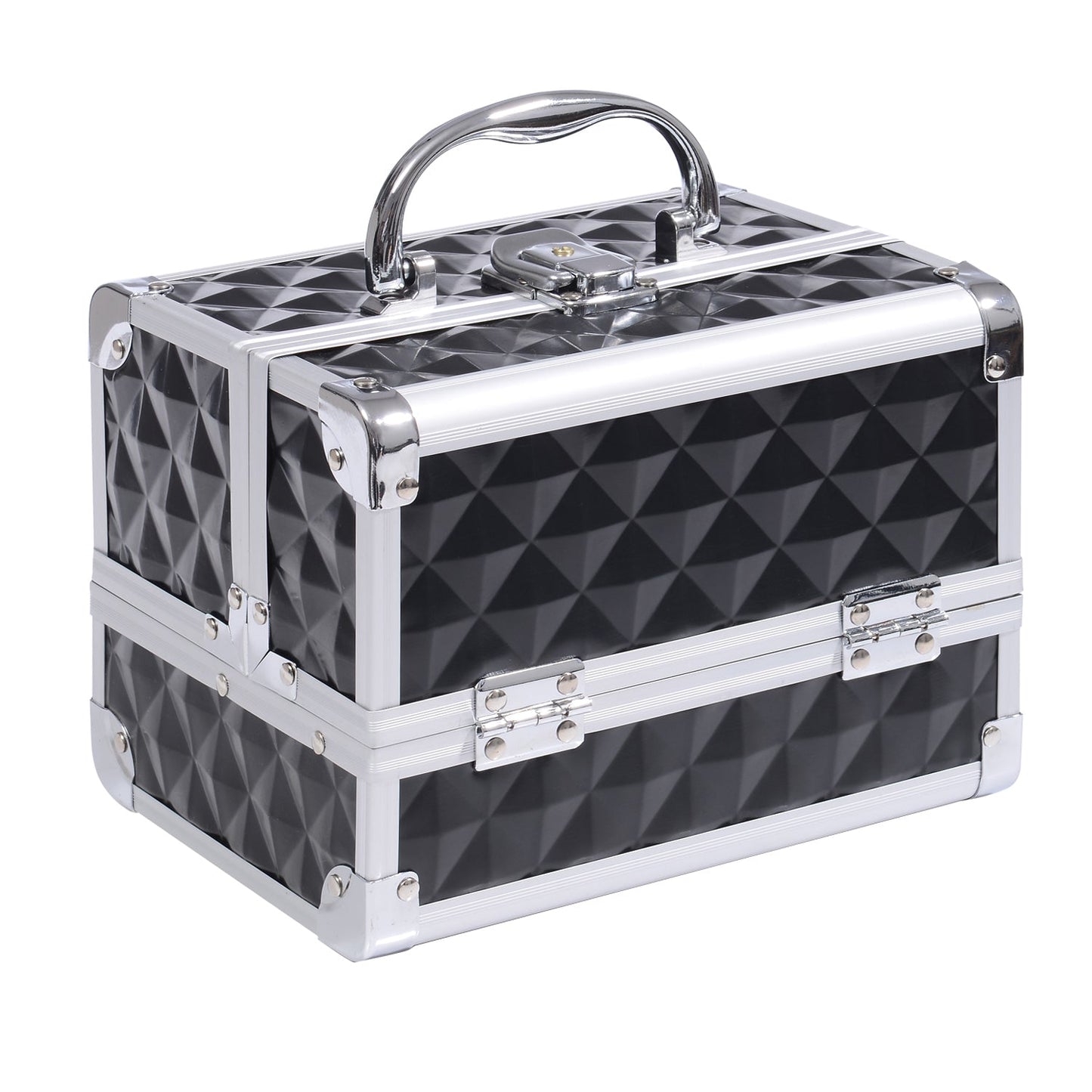 3 Tier Diamond Texture Makeup Train Case Cosmetic Organizer with Mirror, Black Makeup Cases   at Gallery Canada