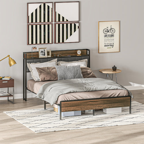 Full Size Bed Frame with Charging Station, Full Bed Frame with Upholstered Headboard and Storage Shelf, Walnut