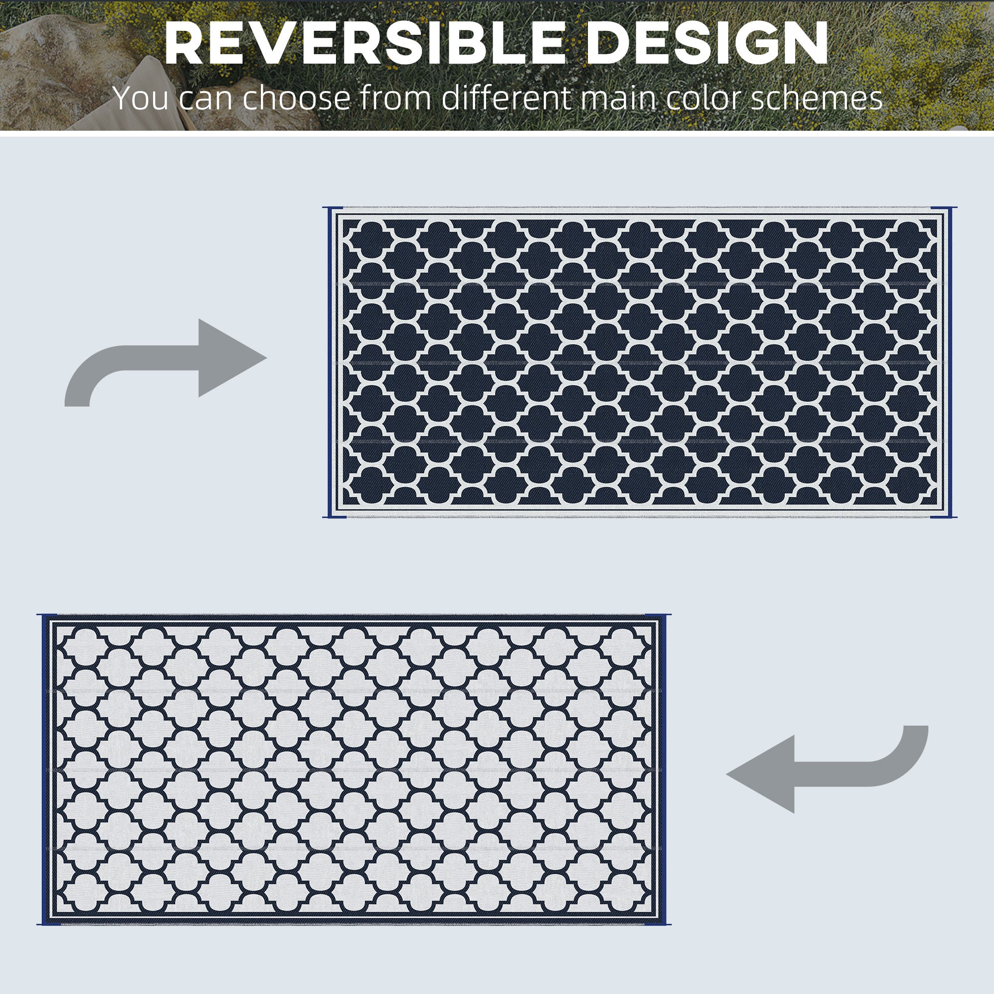 Reversible Outdoor RV Rug, 9' x 18' Patio Floor Mat, Plastic Straw Rug for Backyard, Deck, Picnic, Beach, Camping, Dark Blue and White Outdoor Reversible Rugs at Gallery Canada
