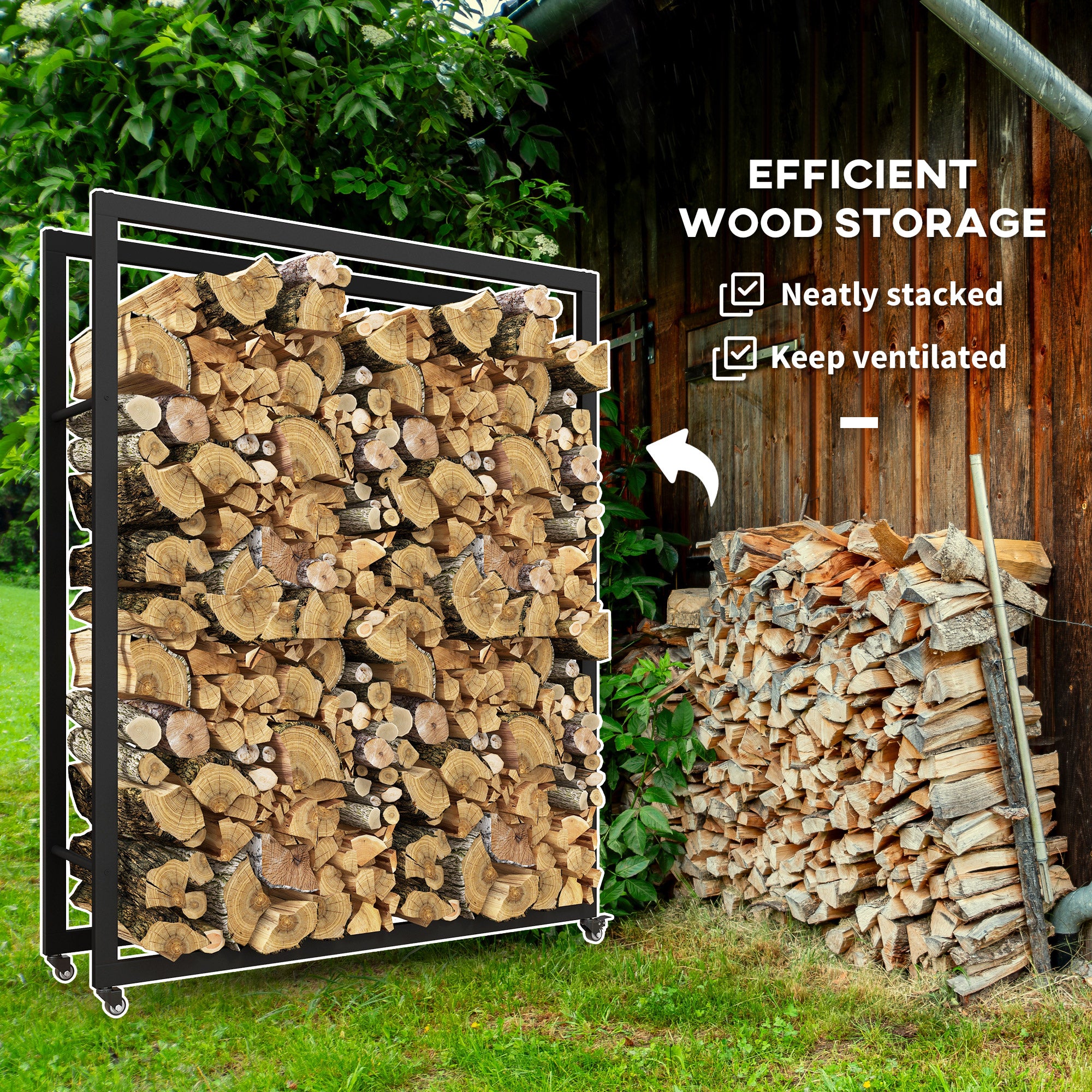 Outdoor Firewood Rack with Wheels Heavy Duty Steel Wood Log Storage Stacker for Fireplace, Black Firewood Racks at Gallery Canada
