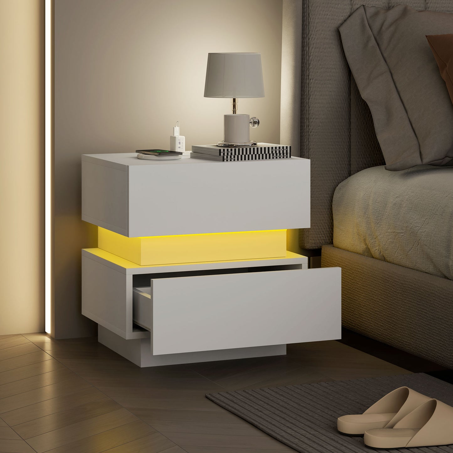 Bedside Table with Charging Station and LED Light Modern Nightstand with USB Ports AC Outlets Drawers Remote, White Bedside Tables   at Gallery Canada