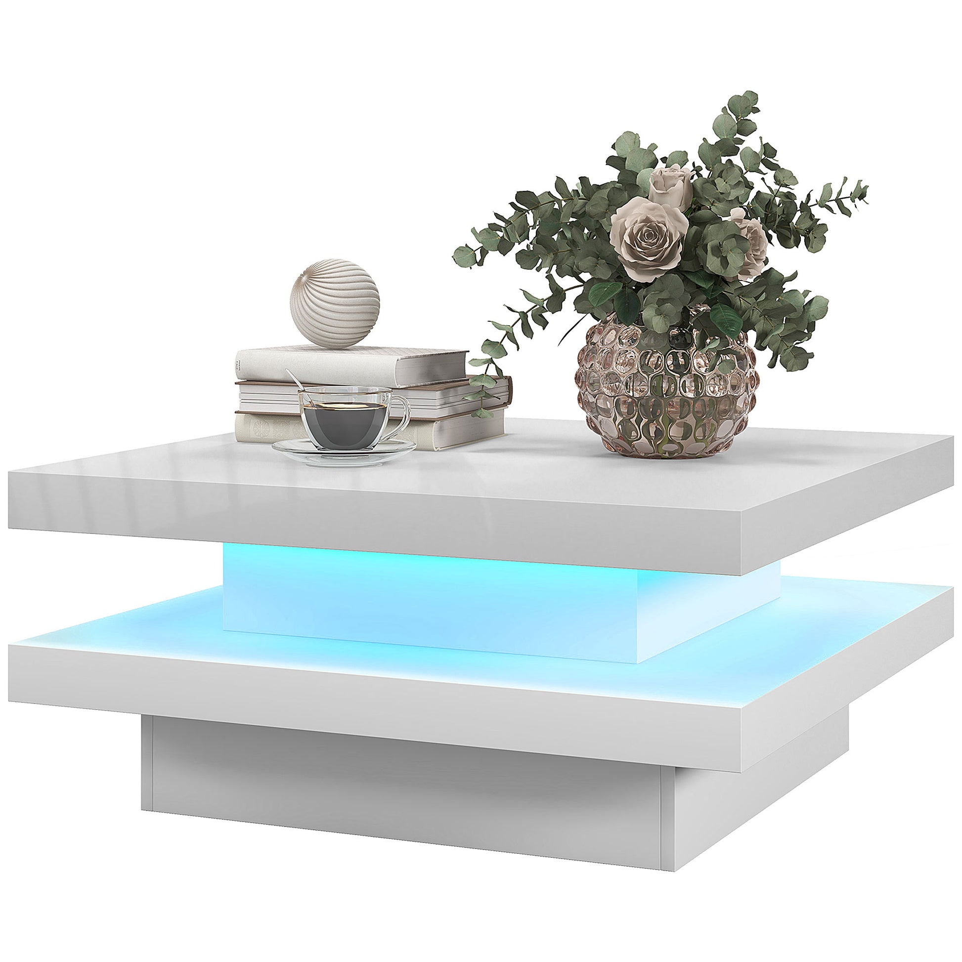 Square Coffee Table with 7 LED Lights and Remote, 2-Tier Modern Center Table for Living Room, White Coffee Tables   at Gallery Canada