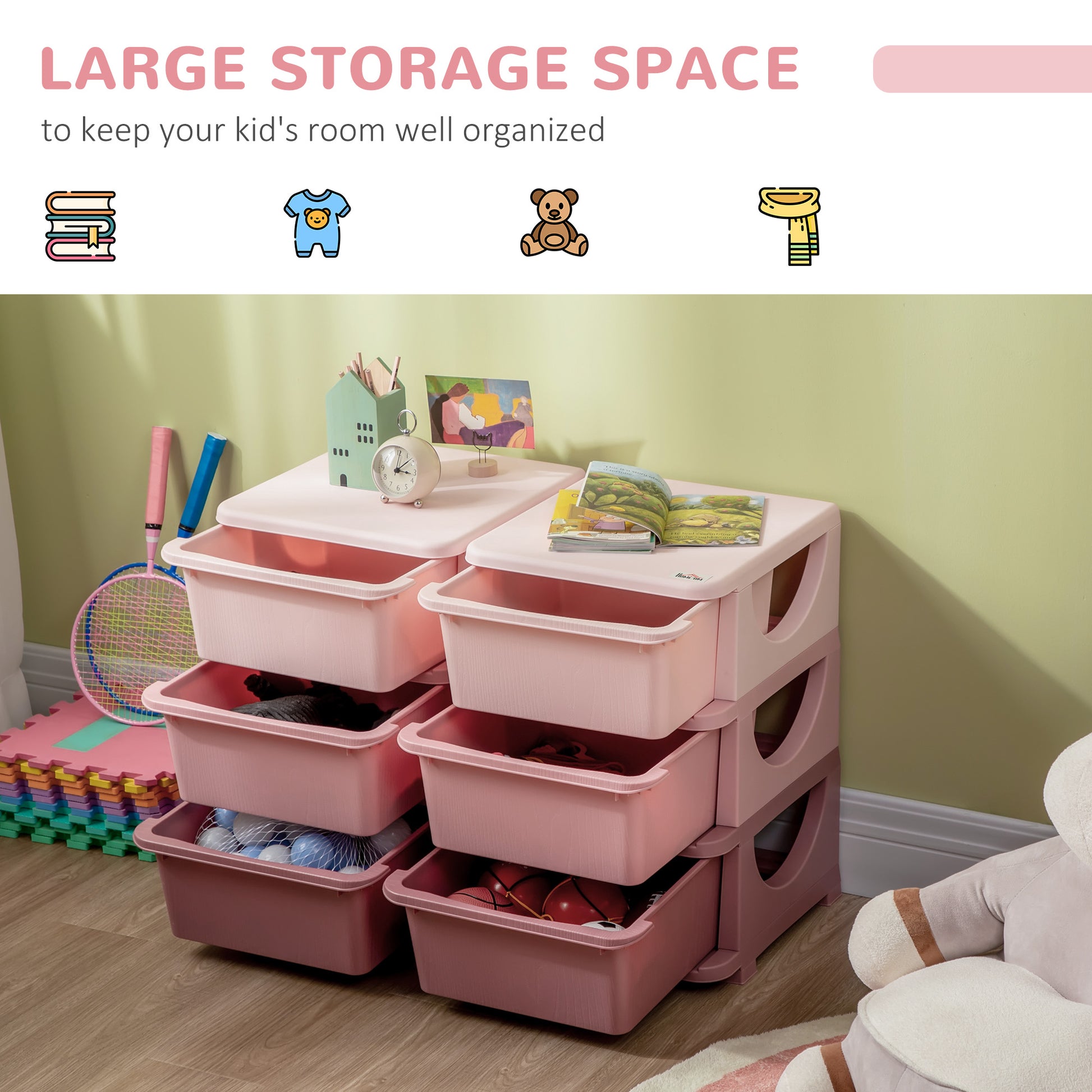 3 Tier Kids Toy Organizer and Storage Bins with 6 Plastic Drawers, Pink Baby & Kids Storage   at Gallery Canada