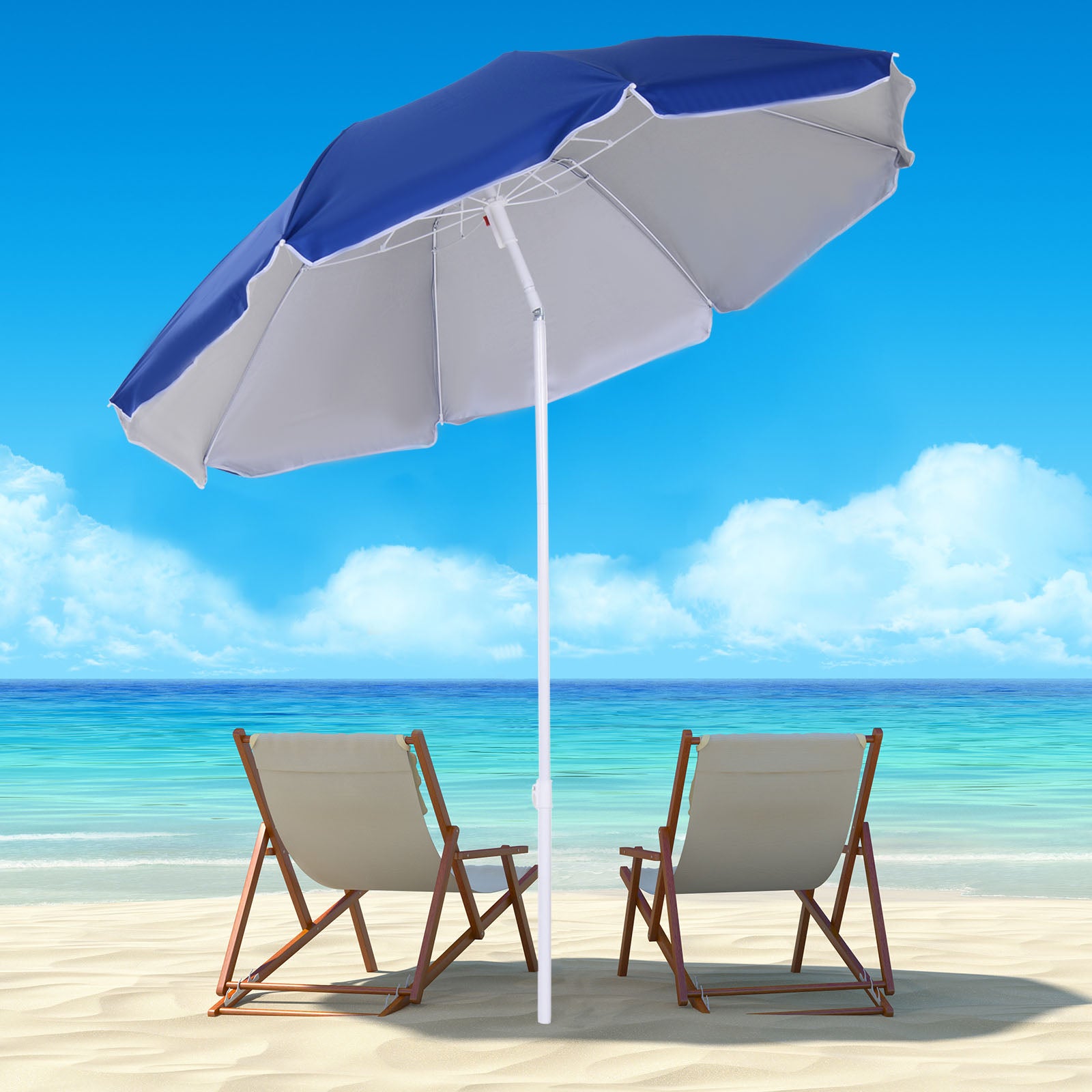 6.7ft Beach Umbrella with Push Button Tilt, Ruffled Outdoor Umbrella with Carry Bag and 8 Ribs, Blue Beach Umbrellas at Gallery Canada