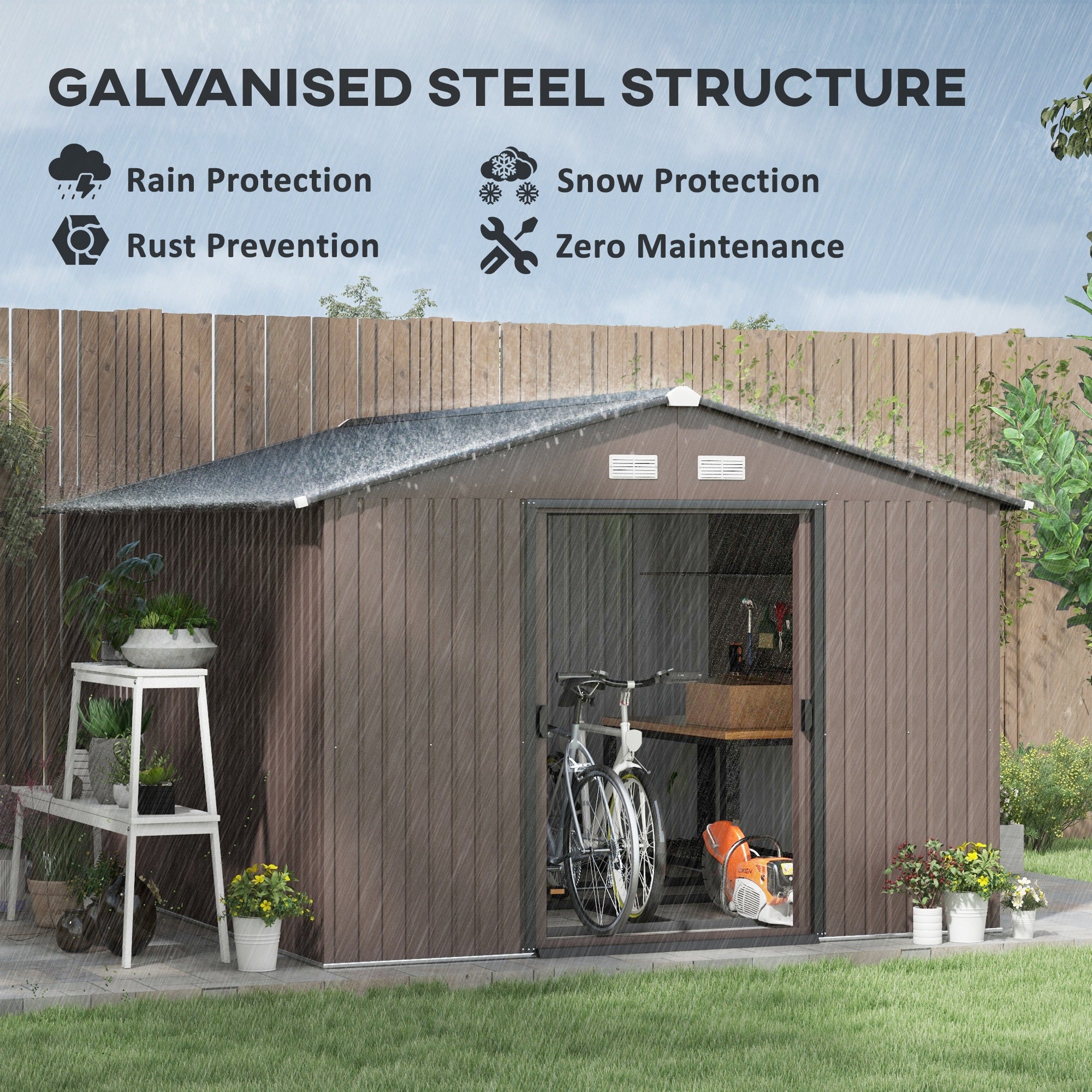 9' x 10.6' Garden Storage Shed w/ Foundation Kit Metal Tool Storage House w/ Double Doors Brown Sheds at Gallery Canada