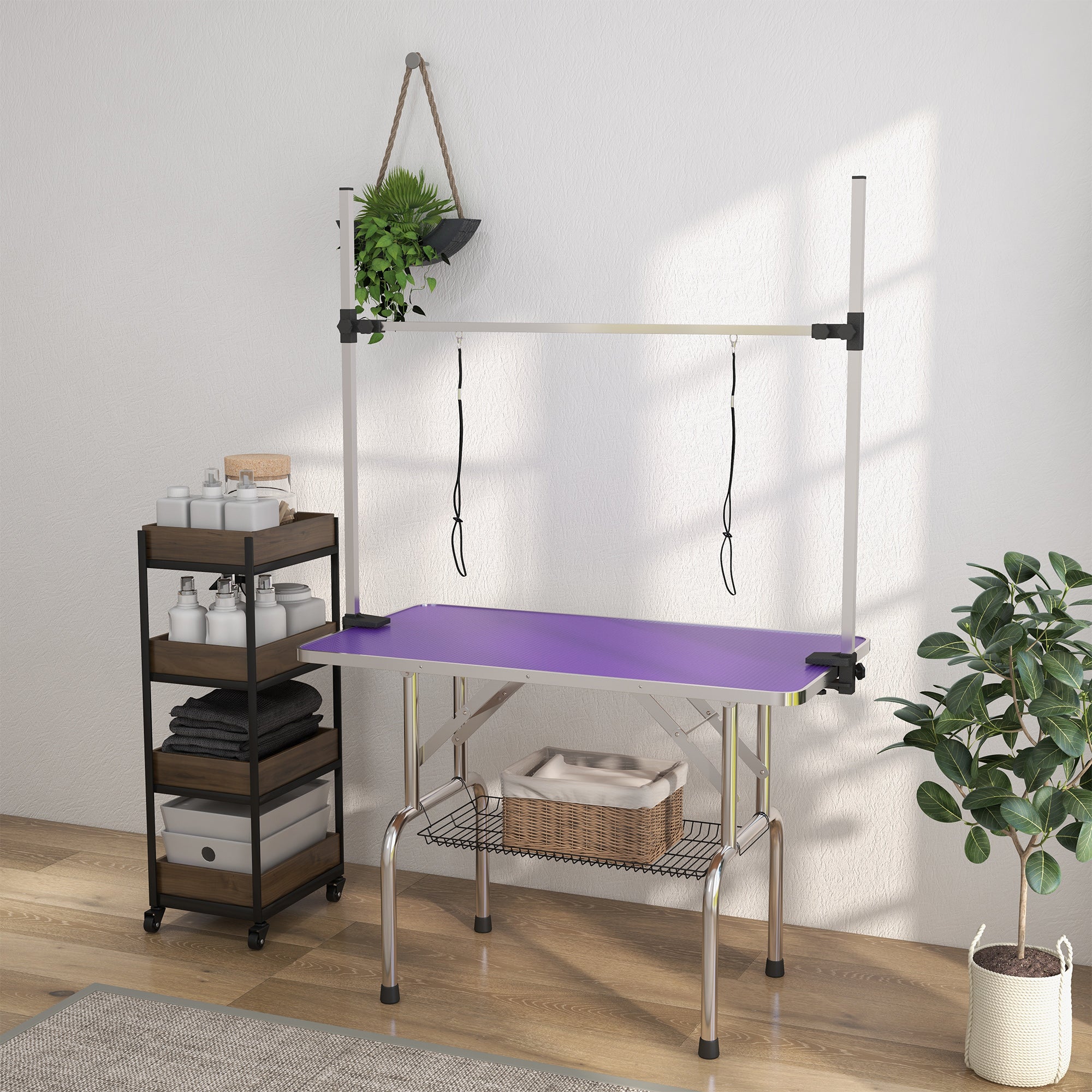 Adjustable Dog Grooming Table with 2 Safety Slings, Storage Basket, Purple Dog Grooming Tables at Gallery Canada